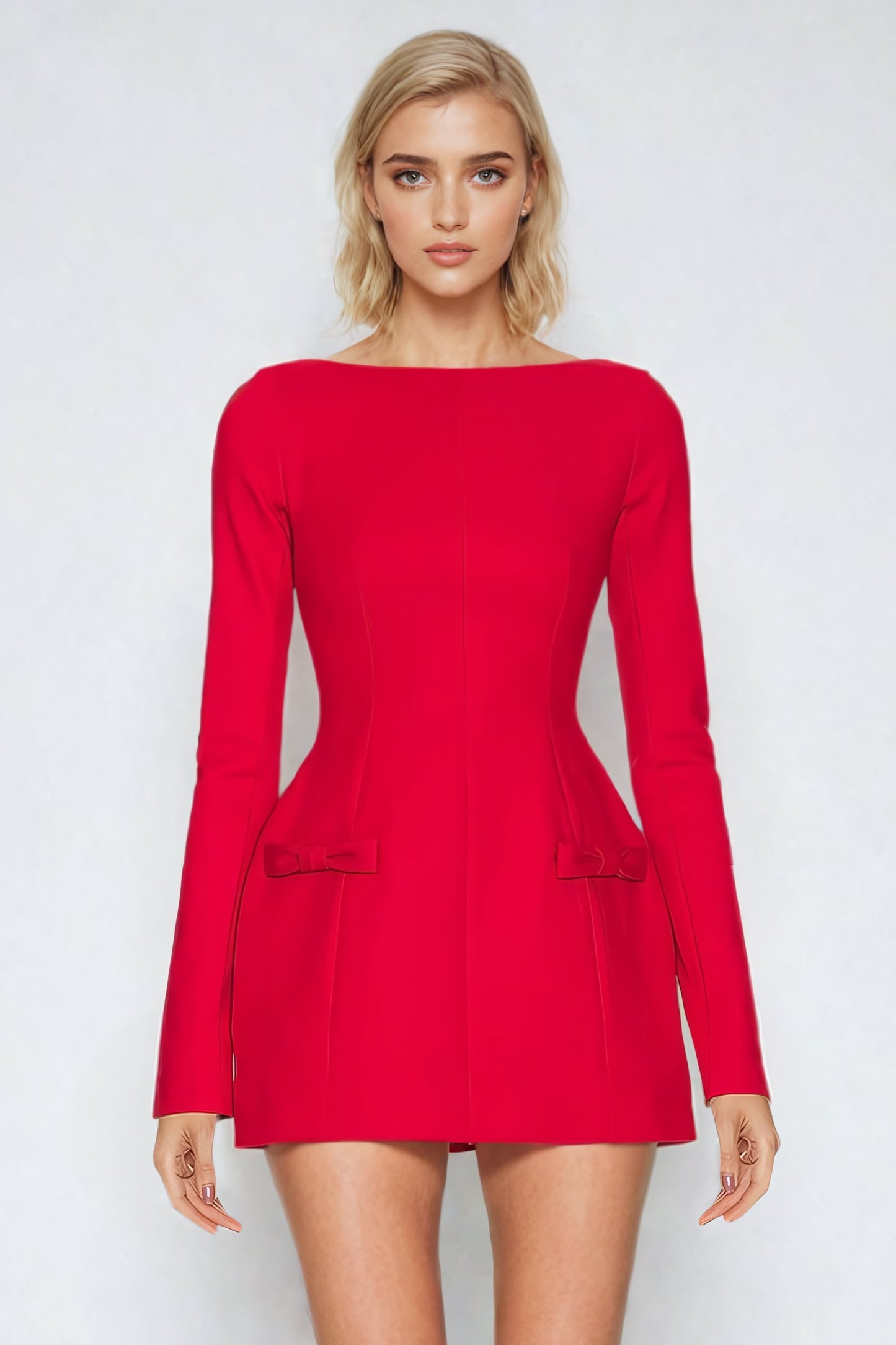 Long-Sleeve Structured Mini Dress - Red