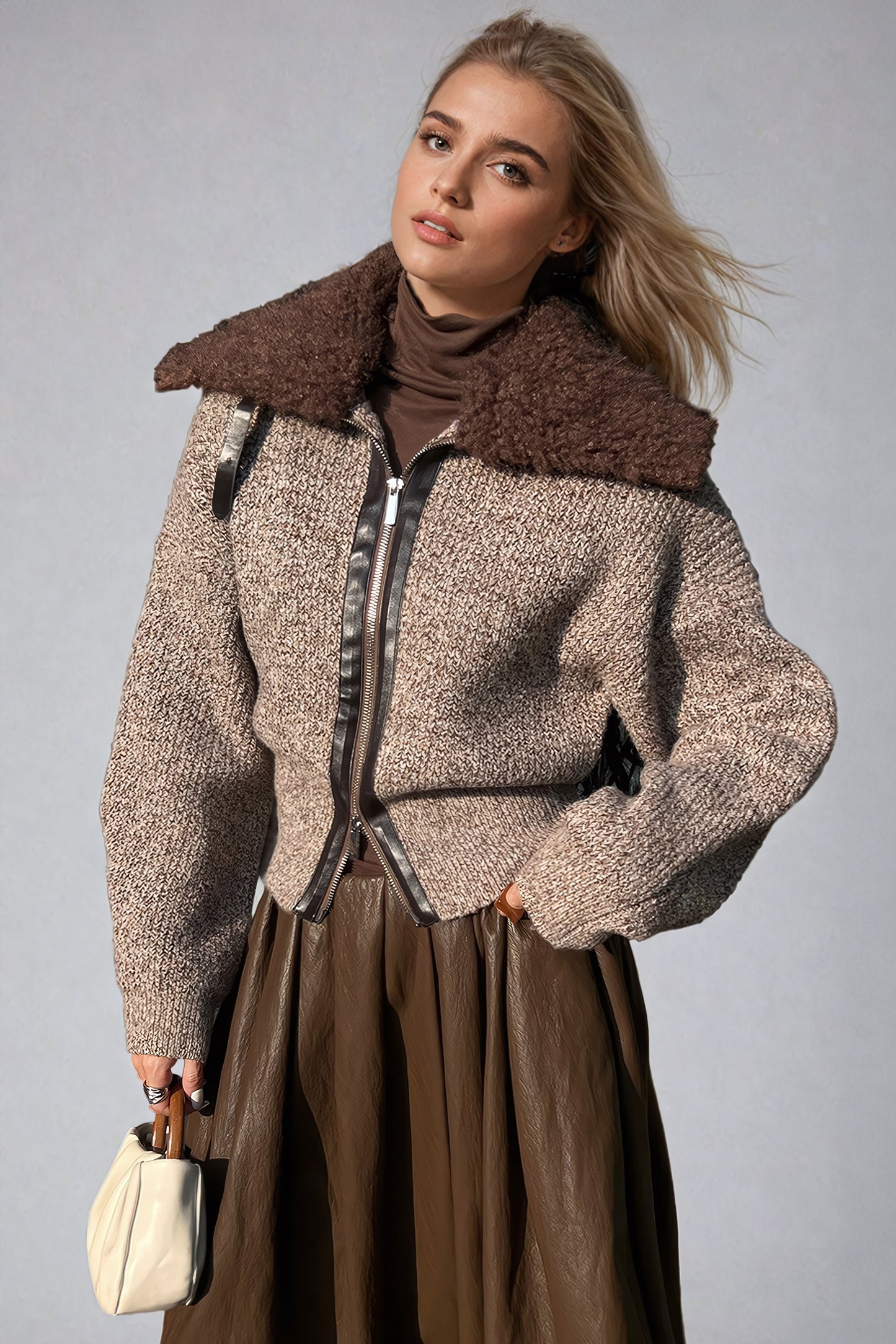 Knit Cardigan with Shearling Collar and Leather Trim Detail - Brown