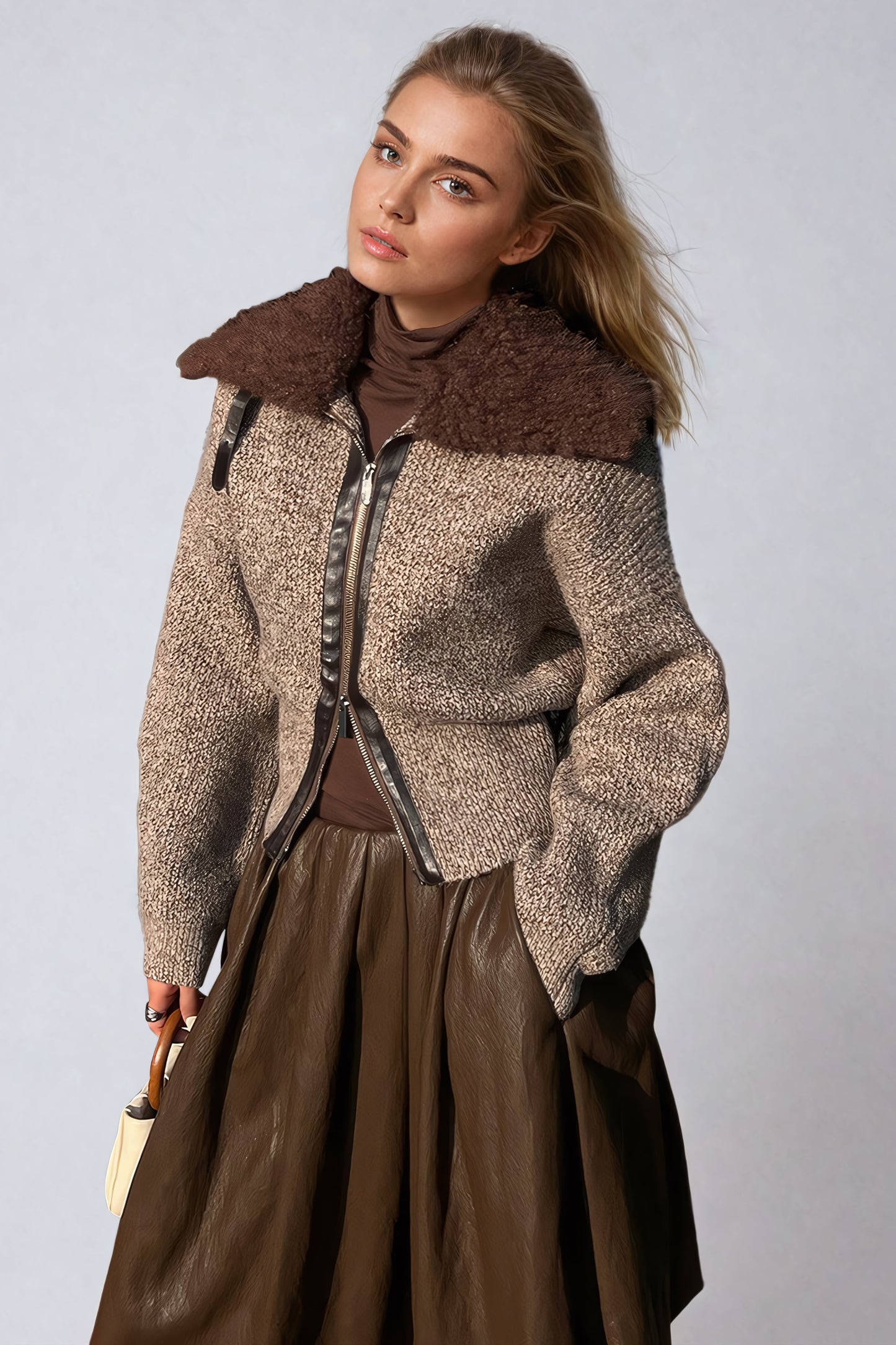 Knit Cardigan with Shearling Collar and Leather Trim Detail - Brown