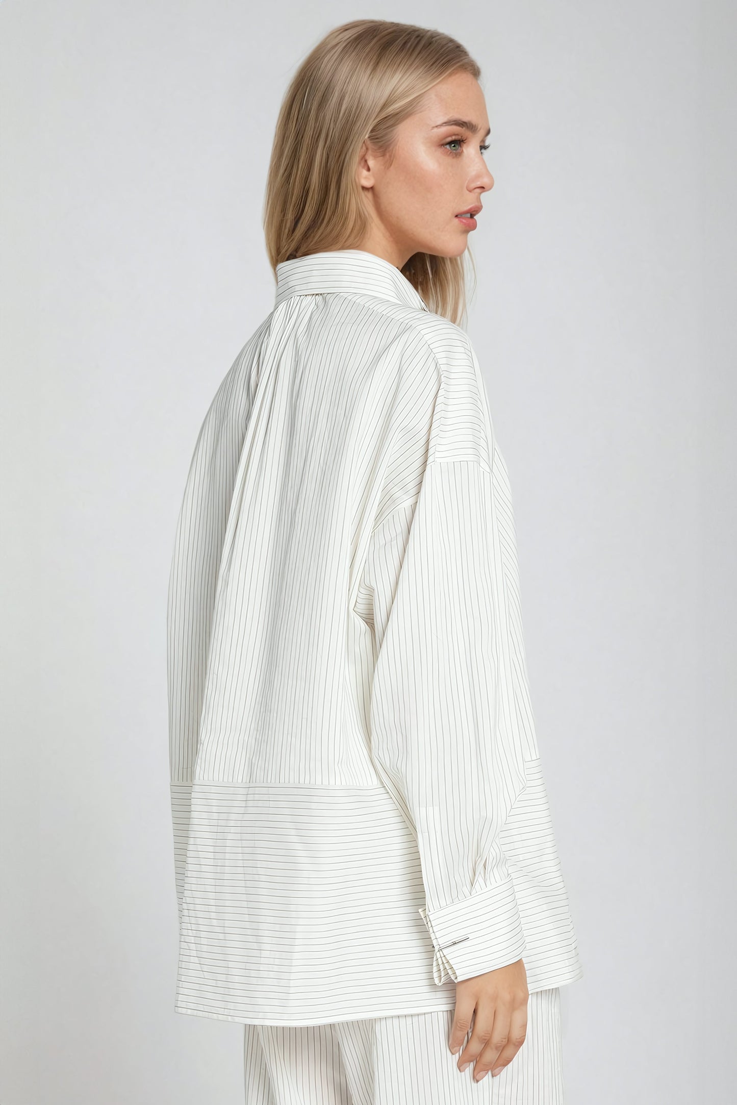 Striped Button-Up Shirt with Contrasting Hem Detail - White