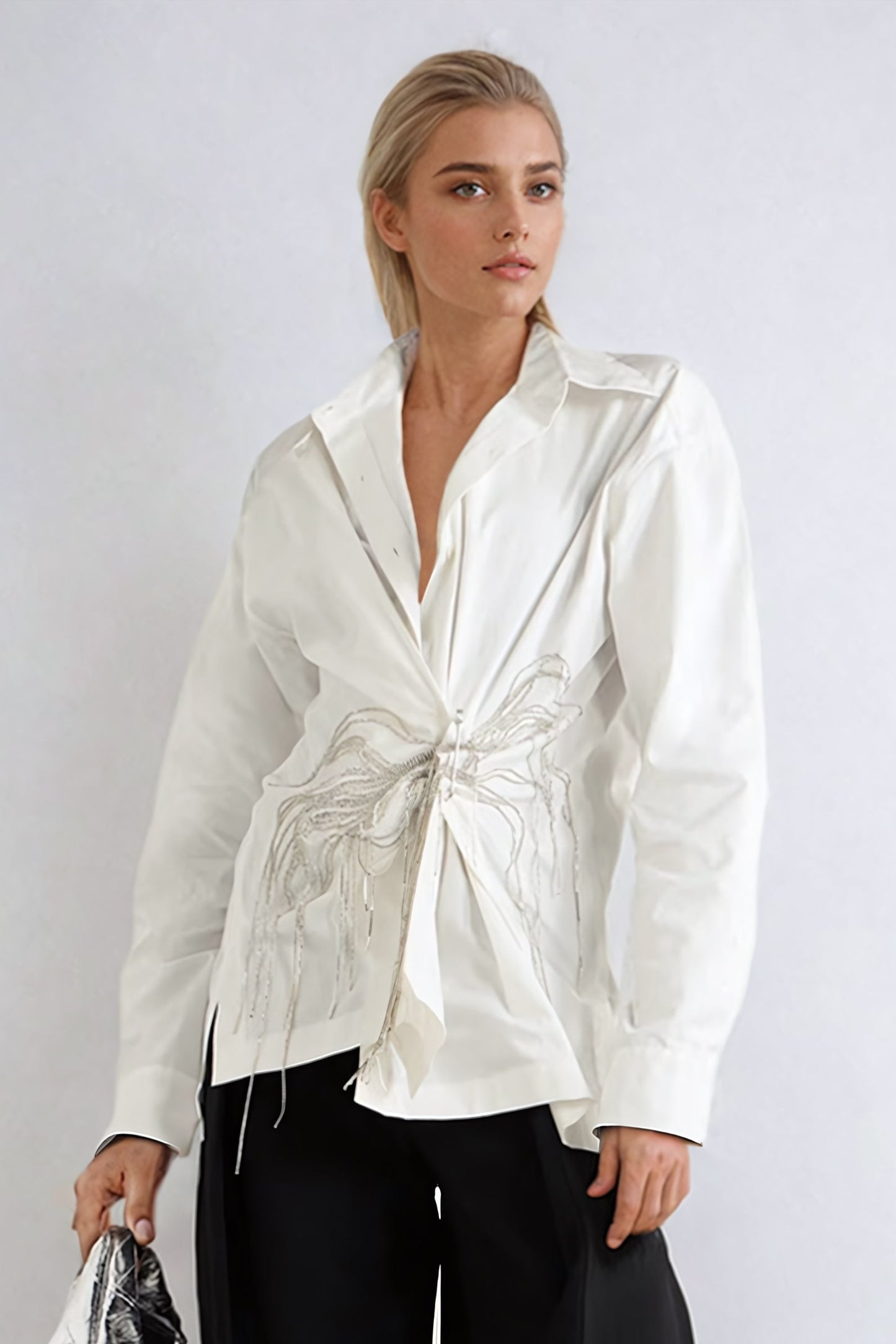 Embellished Tie Detail Oversized Shirt - White