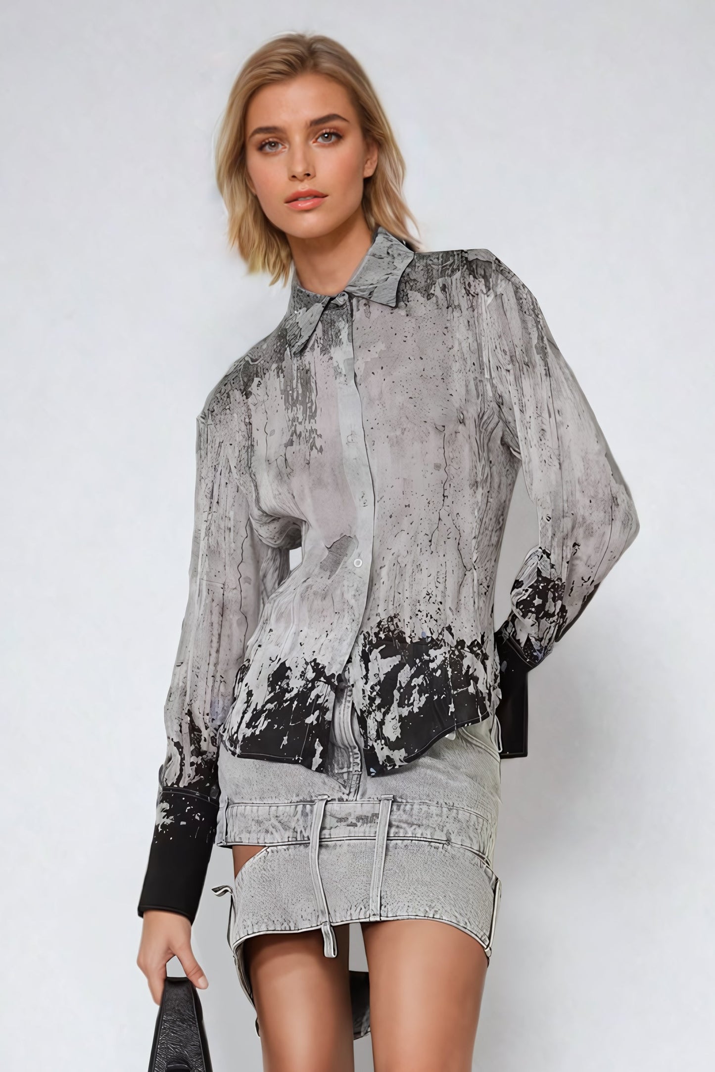 Distressed Print Long-Sleeve Button-Up Shirt with Contrast Cuffs - Gray