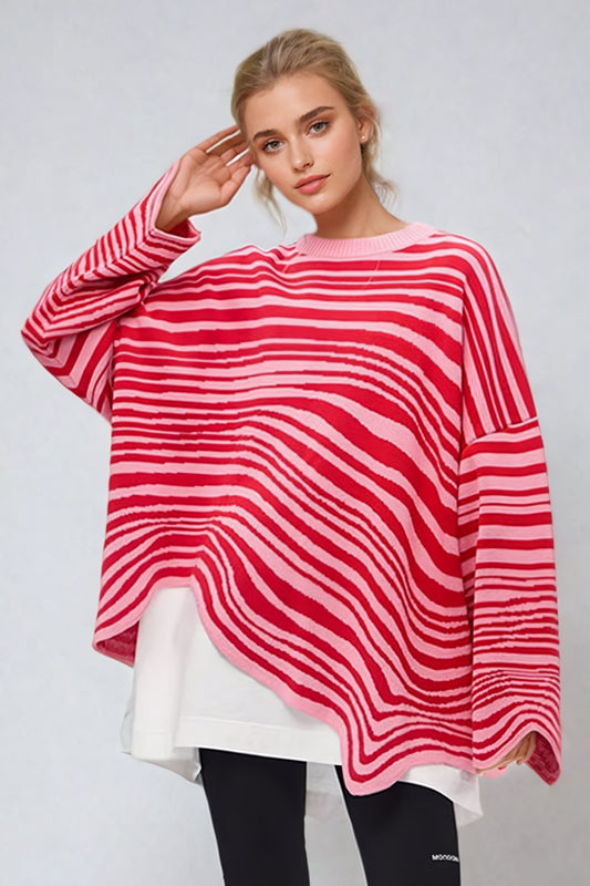 Oversized Striped Sweater with Asymmetric Hem - Red