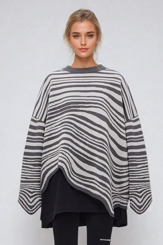 Oversized Striped Sweater with Asymmetric Hem - Gray