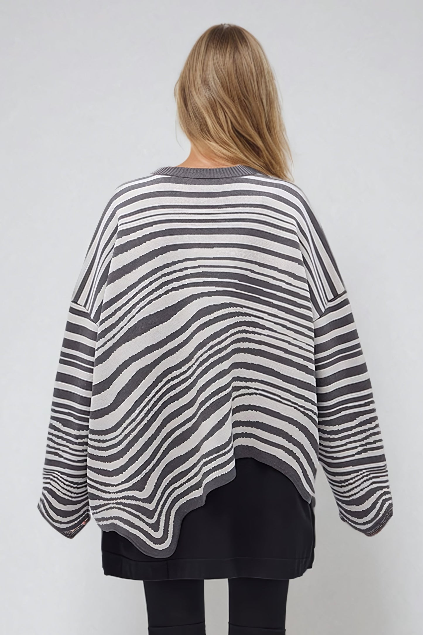 Oversized Striped Sweater with Asymmetric Hem - Gray