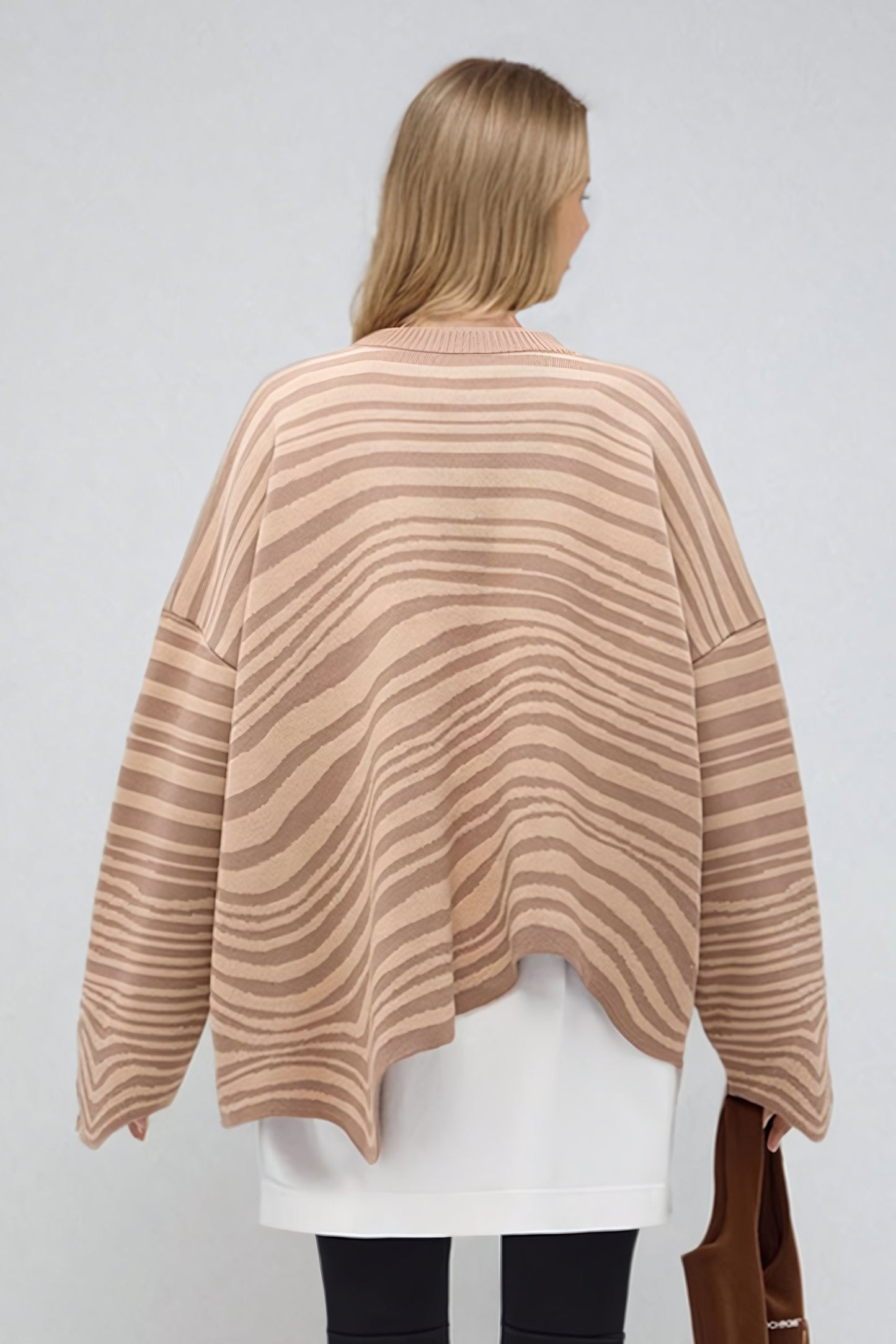 Oversized Striped Sweater with Asymmetric Hem - Brown