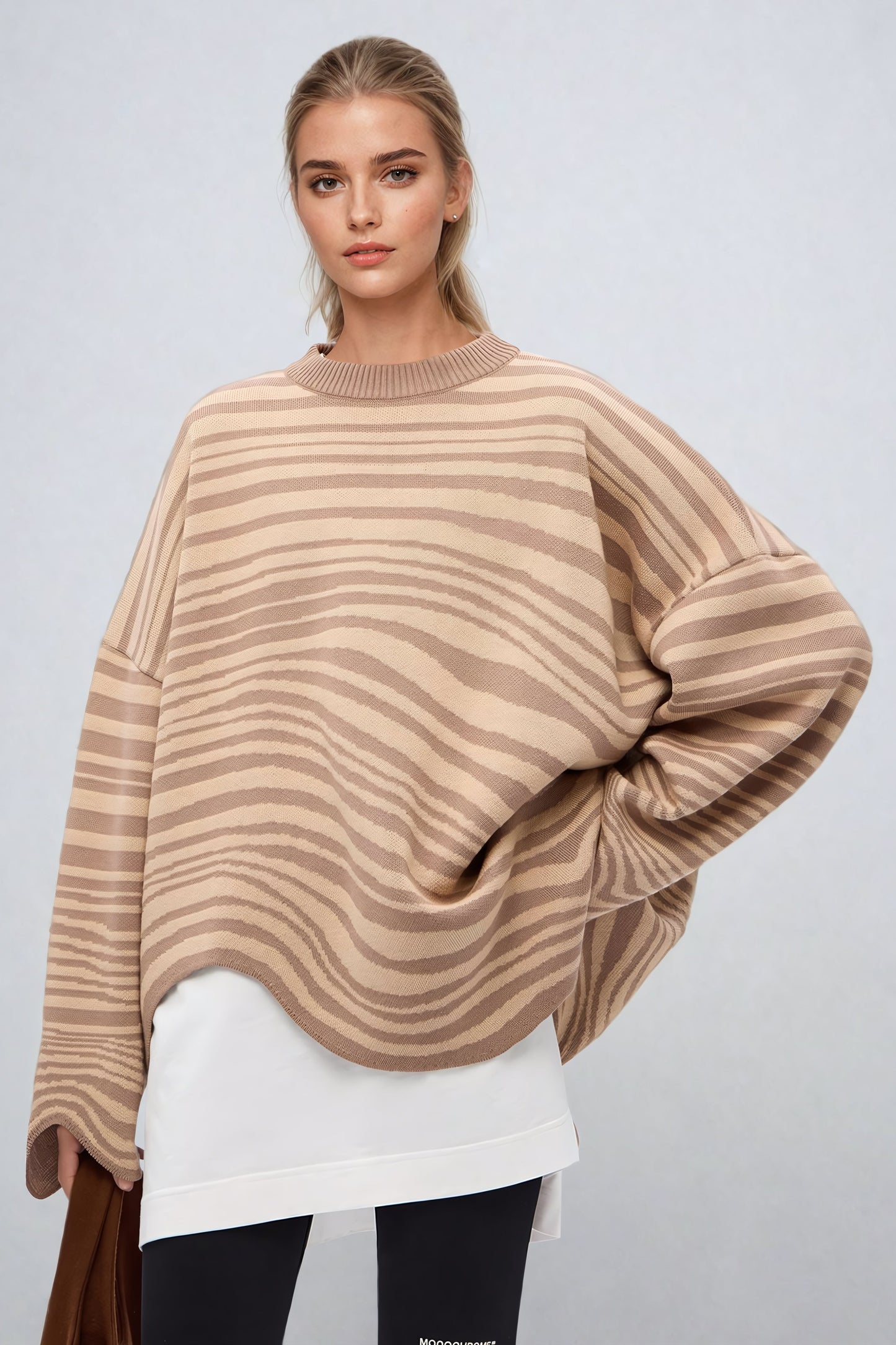 Oversized Striped Sweater with Asymmetric Hem - Brown