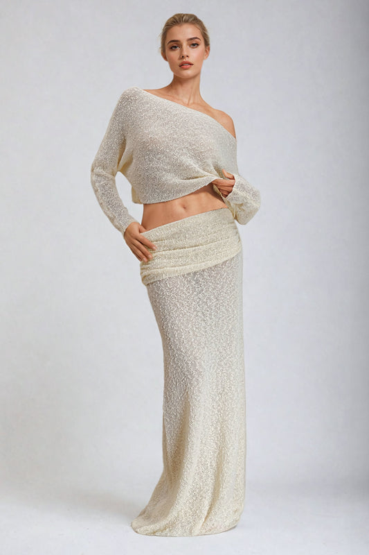 Two-Piece Set with Textured Off-Shoulder Top and Maxi Skirt - Beige