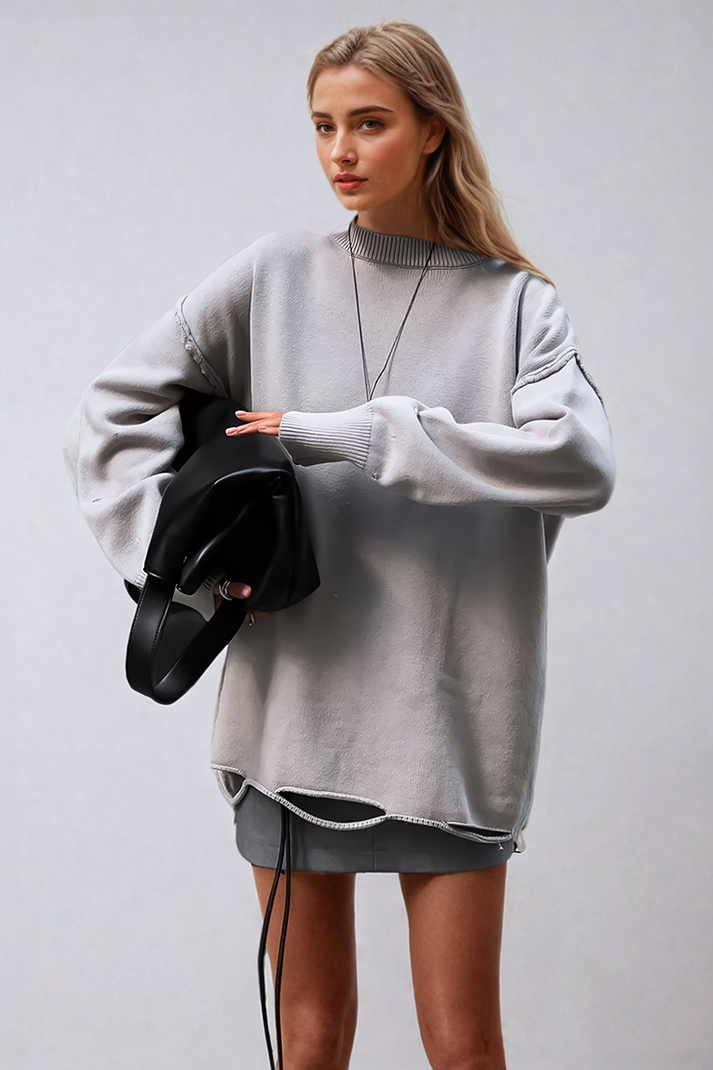 Oversized Distressed Knit Sweater - Gray