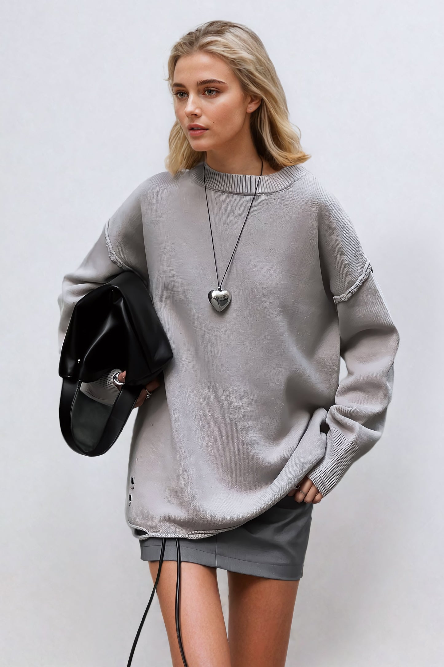 Oversized Distressed Knit Sweater - Gray