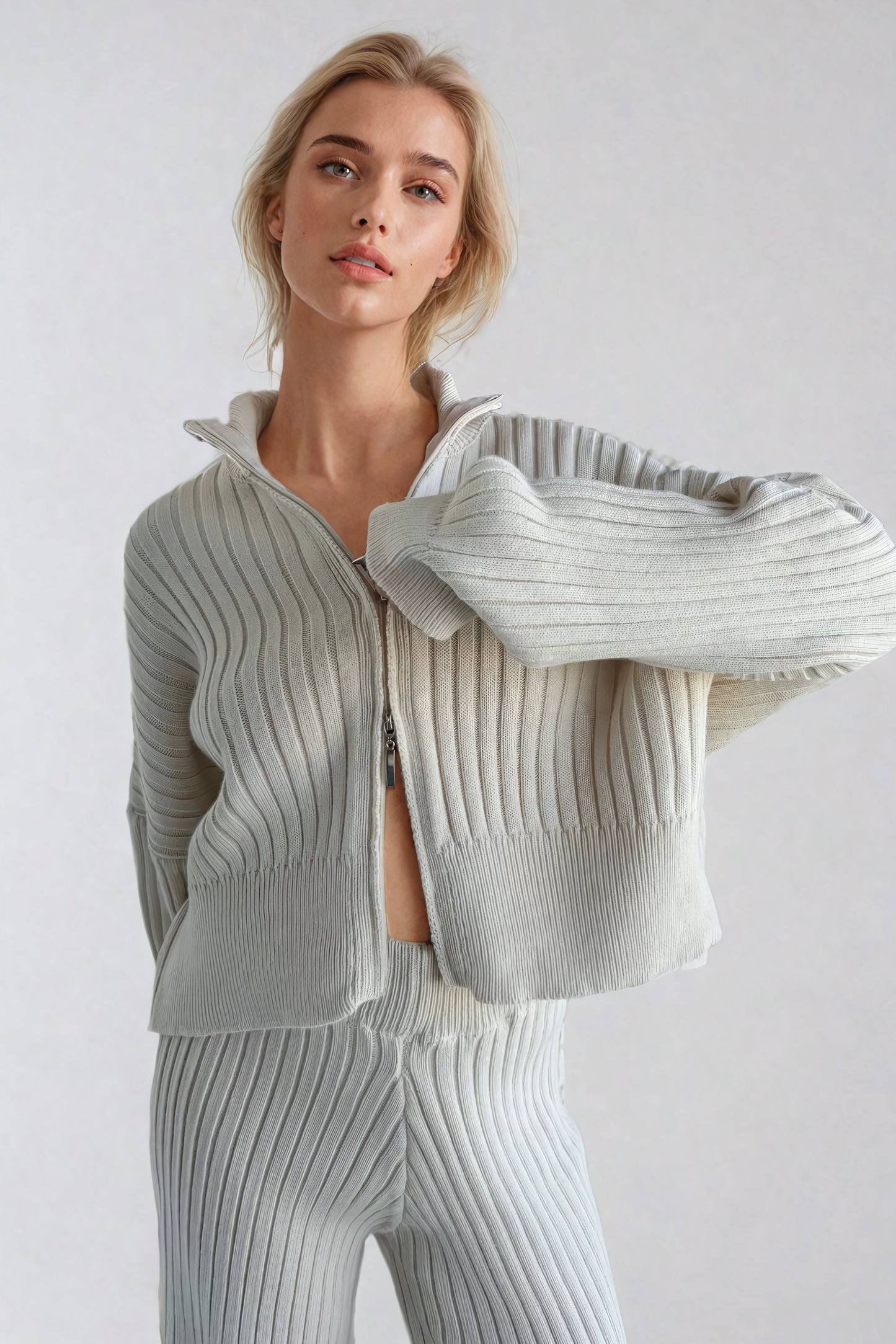 Two-Piece Ribbed Knit Set with Zip-Up Jacket and Wide-Leg Trousers - Beige