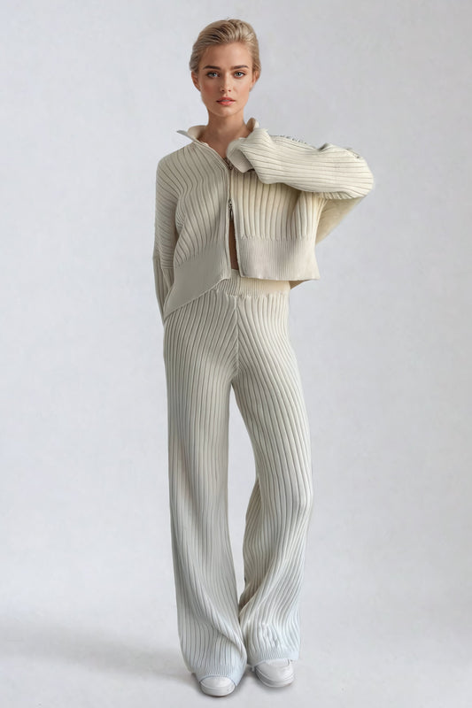 Two-Piece Ribbed Knit Set with Zip-Up Jacket and Wide-Leg Trousers - Beige