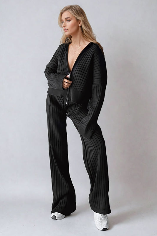 Two-Piece Ribbed Knit Set with Zip-Up Jacket and Wide-Leg Trousers - Black