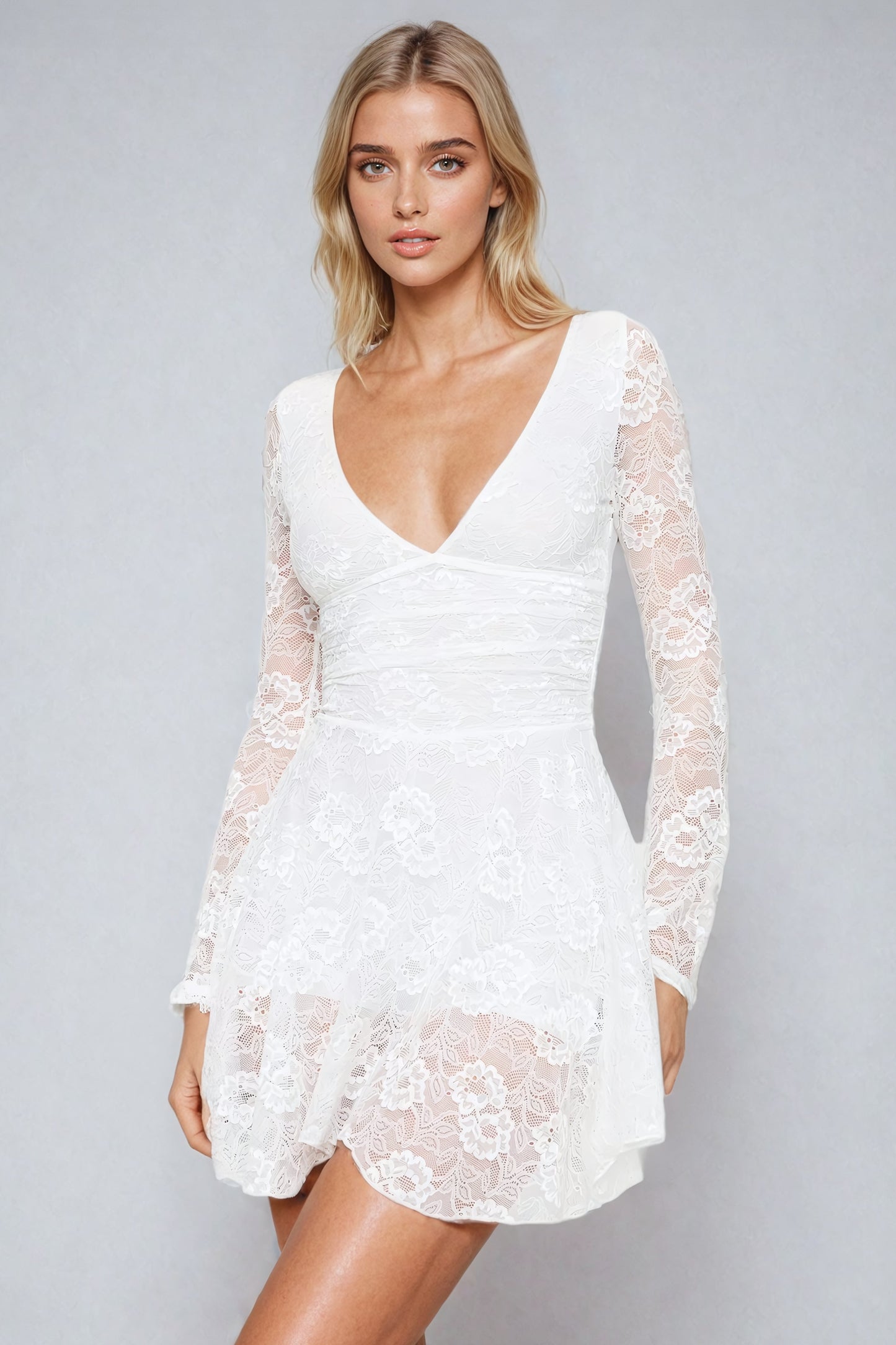 Mini Dress with Deep V-Neck and Lace Overlay - White