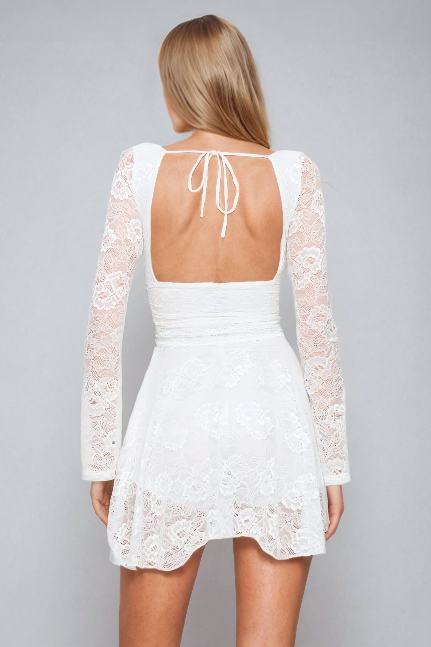 Mini Dress with Deep V-Neck and Lace Overlay - White