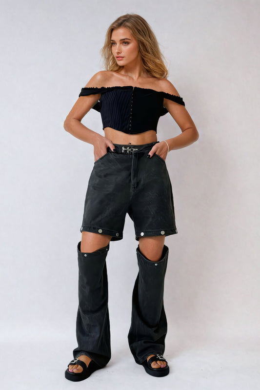 Convertible Denim Jeans with Detachable Lower Leg Panels - Black