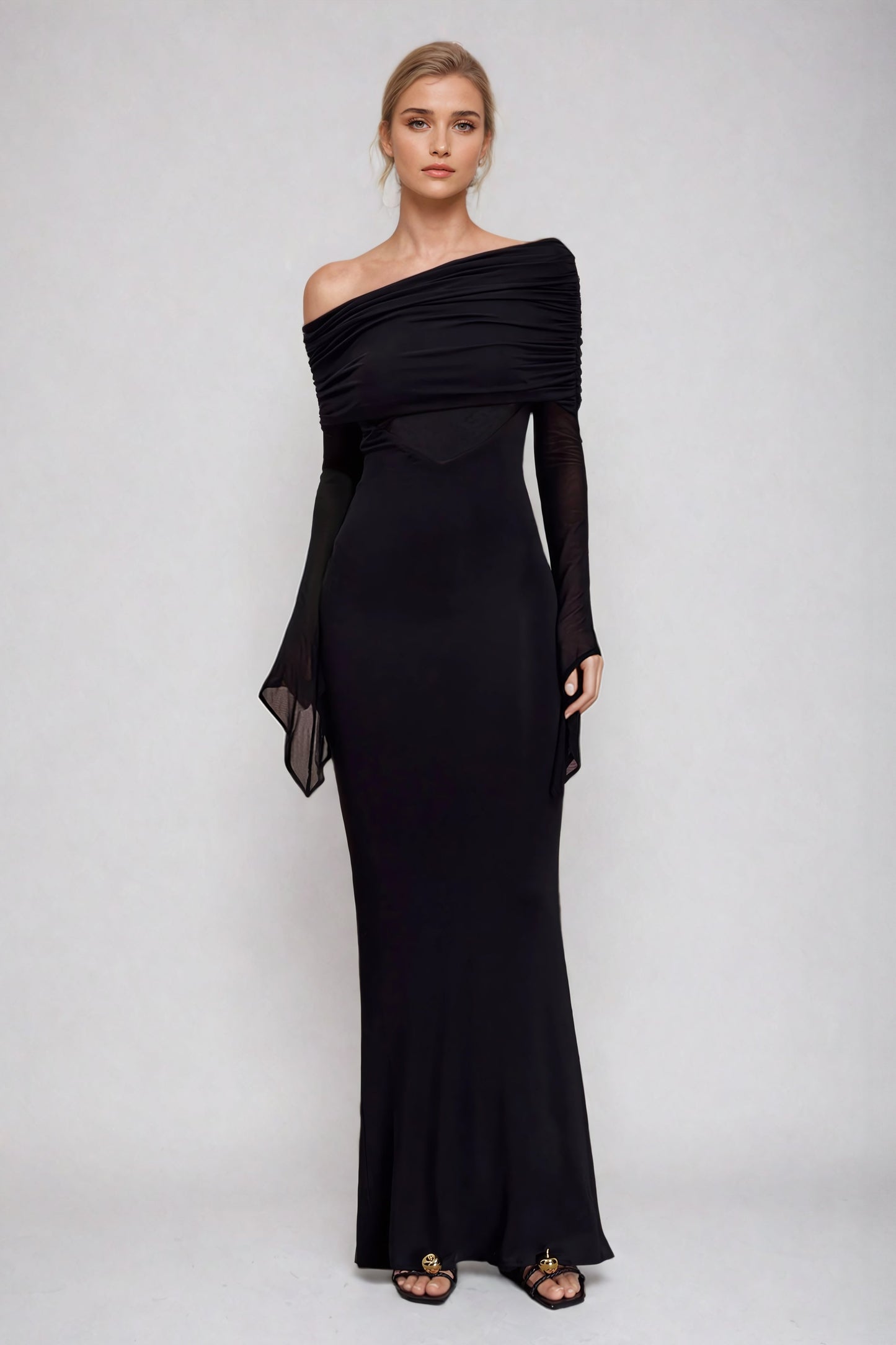 Off-Shoulder Sheer Panel Maxi Dress with Ruched Bodice - Black