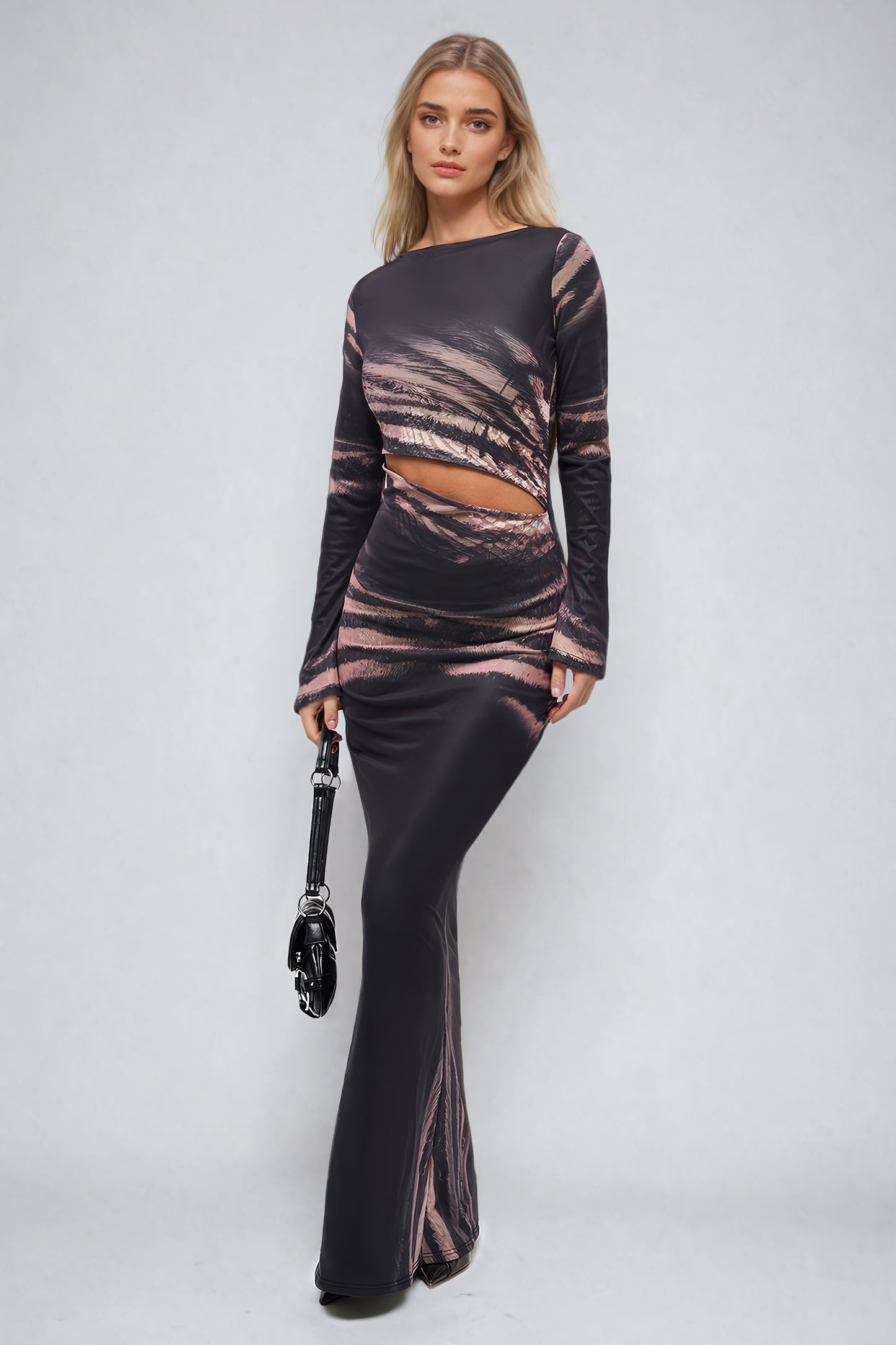 Long-Sleeve Cutout Abstract Print Maxi Dress - Black