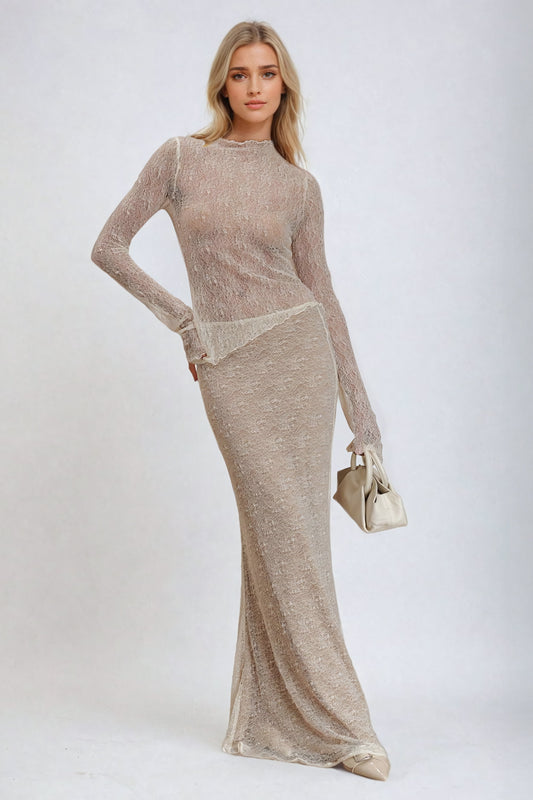 Two-Piece Set Sheer Lace Long Sleeve Top and Maxi Skirt - White