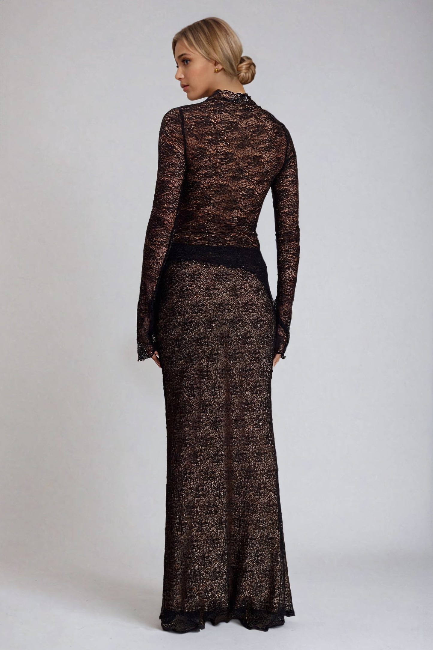 Two-Piece Set Sheer Lace Long Sleeve Top and Maxi Skirt - Black