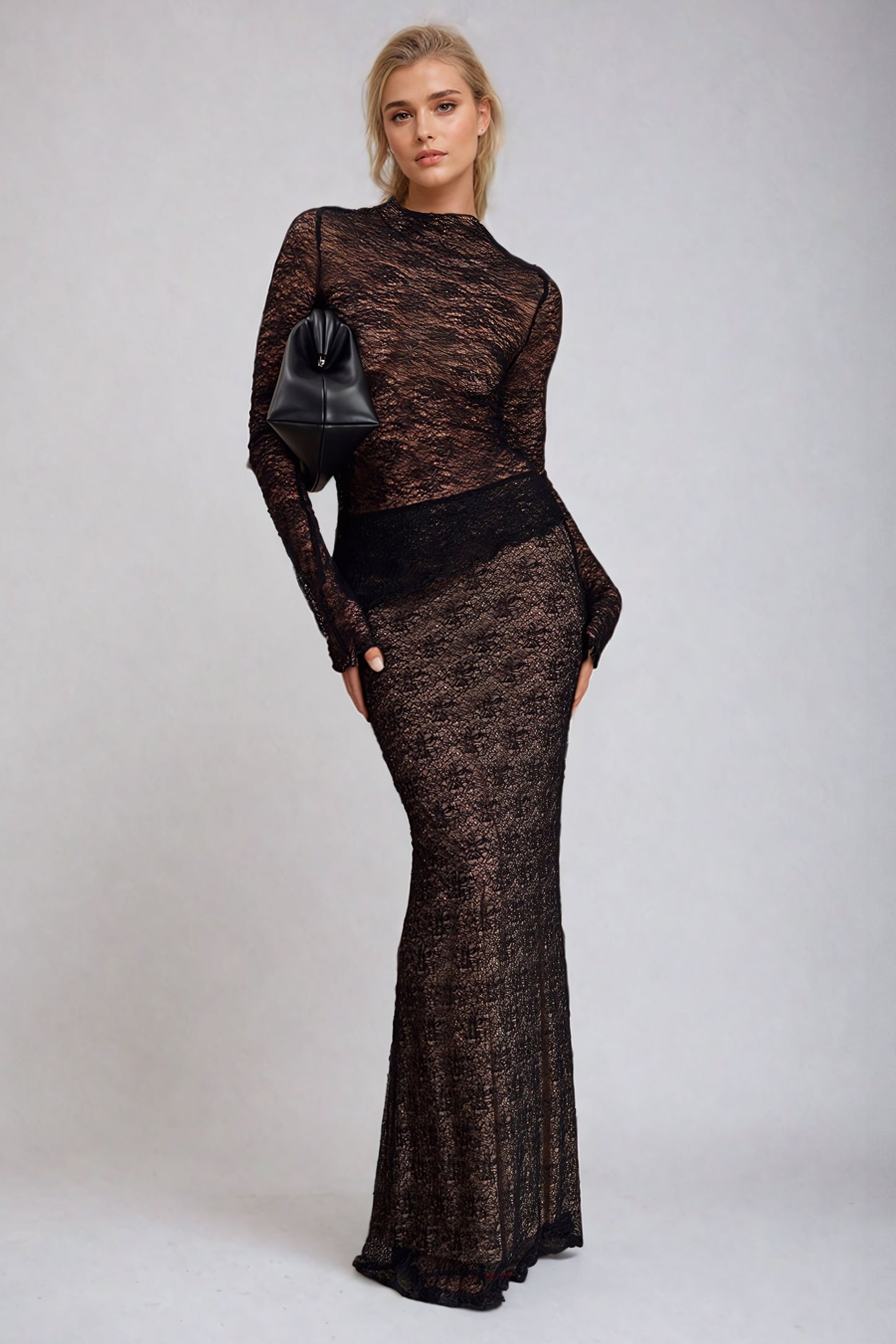 Two-Piece Set Sheer Lace Long Sleeve Top and Maxi Skirt - Black