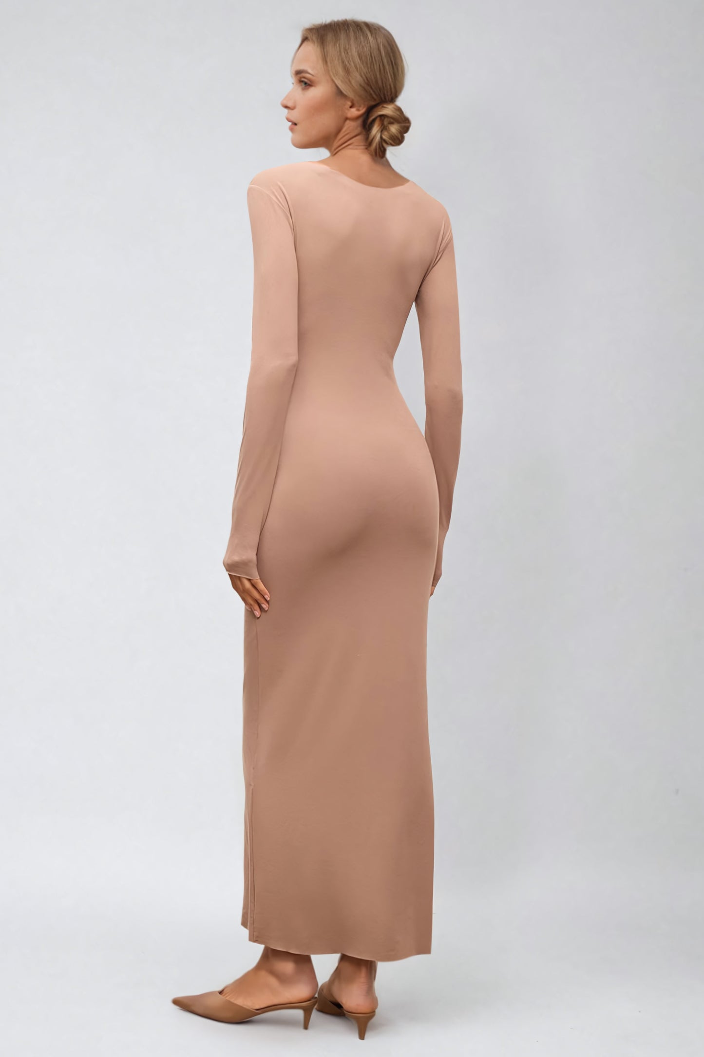 Long Sleeve Bodycon Maxi Dress - Beige