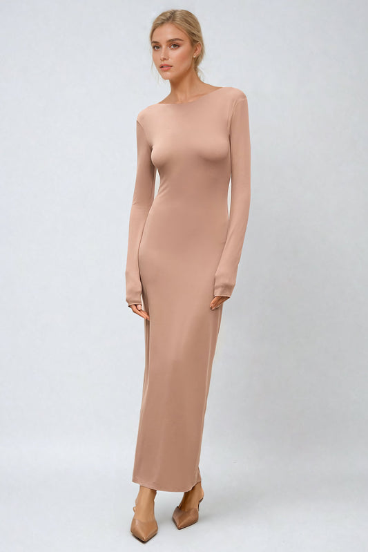 Long Sleeve Bodycon Maxi Dress - Beige