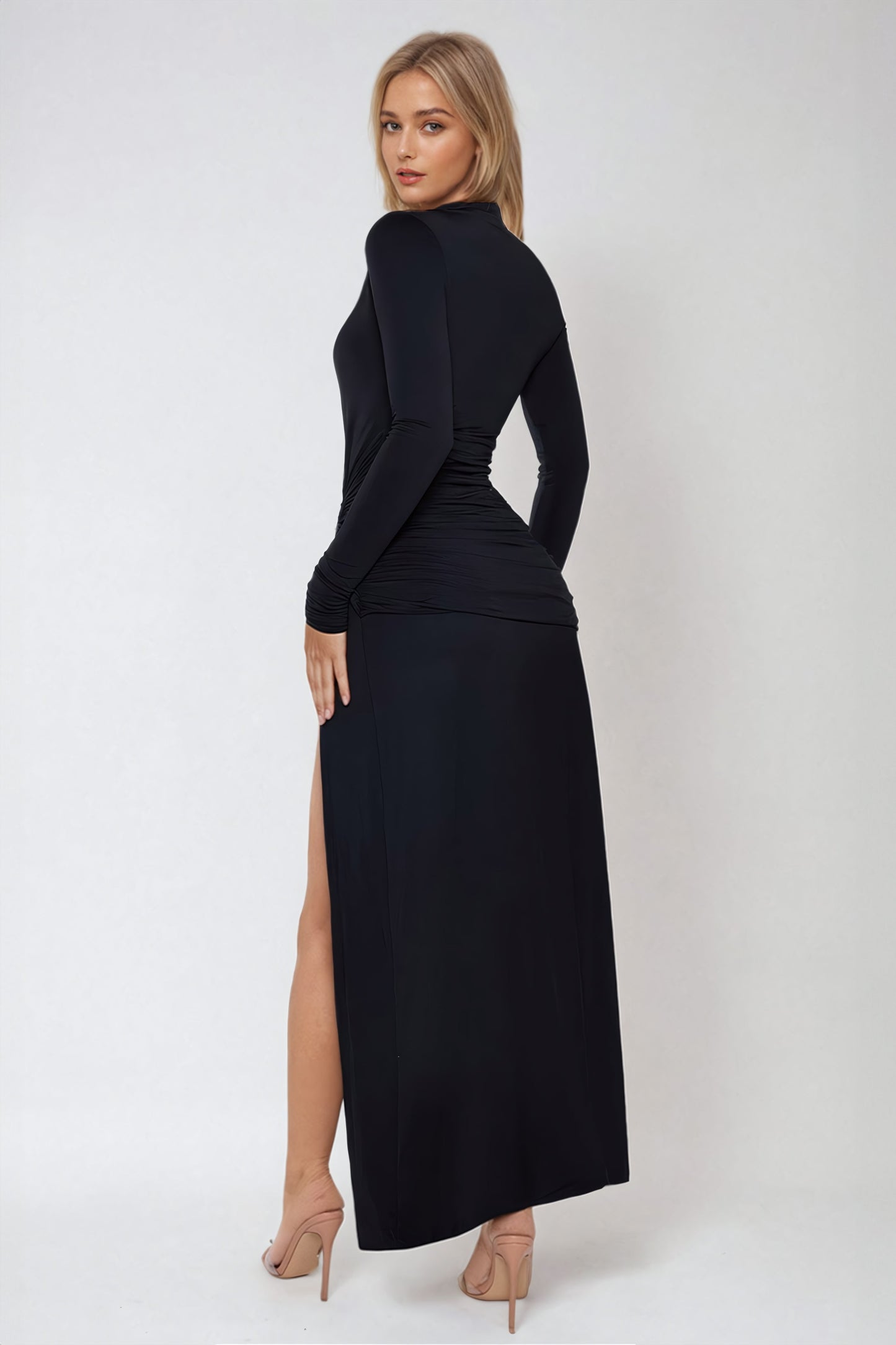 Plunge Neck Long-Sleeve Maxi Dress with High Slit - Black