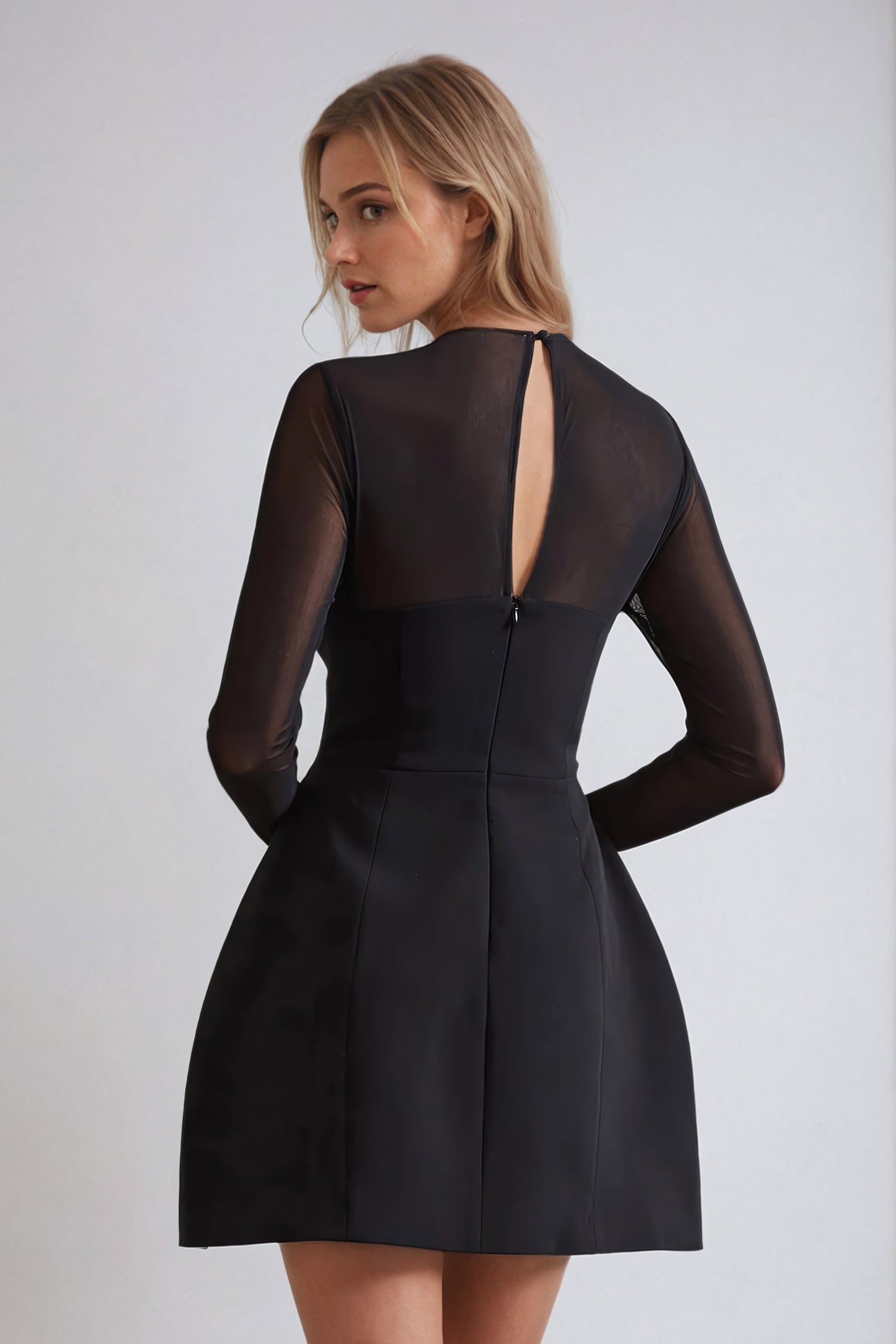 Long-Sleeve Sheer-Detail A-Line Mini Dress - Black