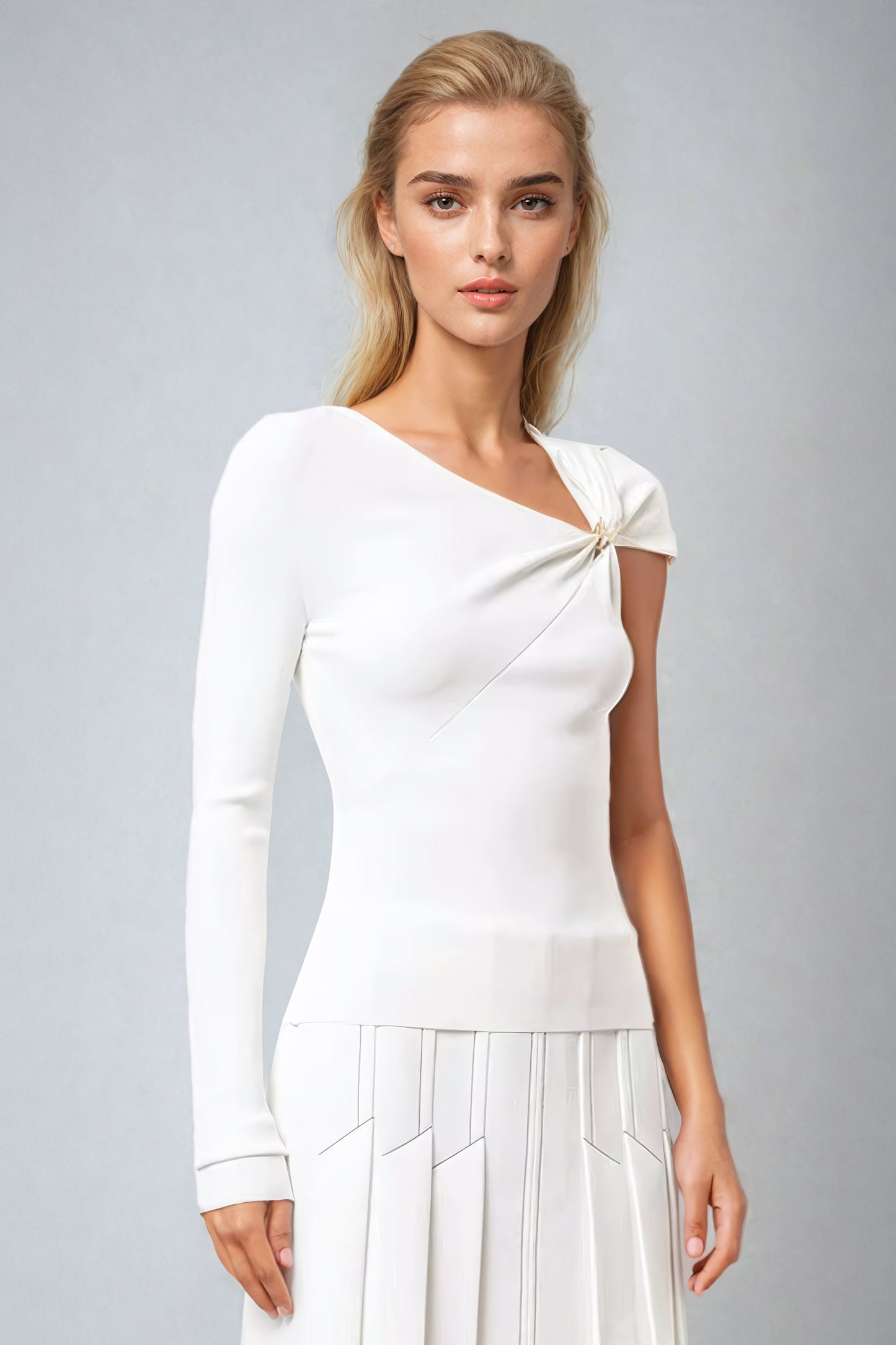 Asymmetrical One-Sleeve Fitted Top with Embellished Twist Detail - White