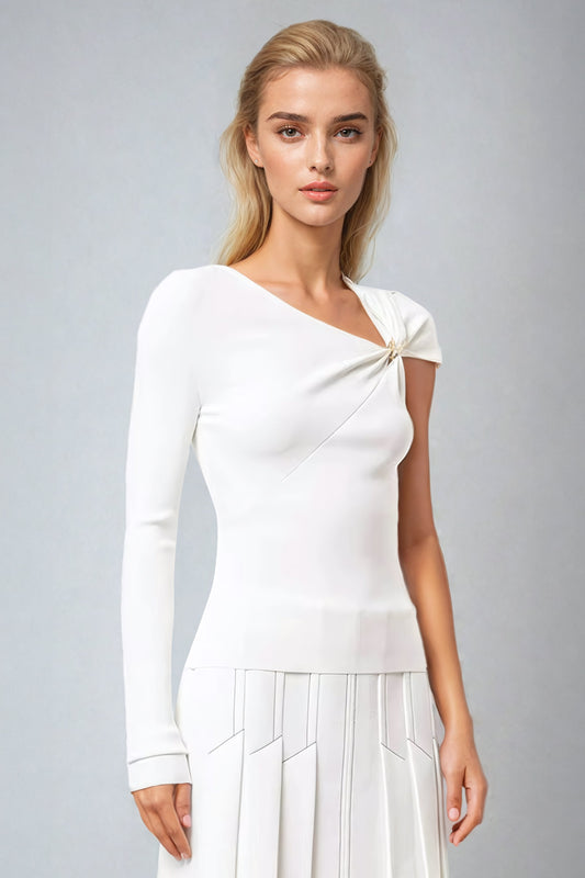 Asymmetrical One-Sleeve Fitted Top with Embellished Twist Detail - White