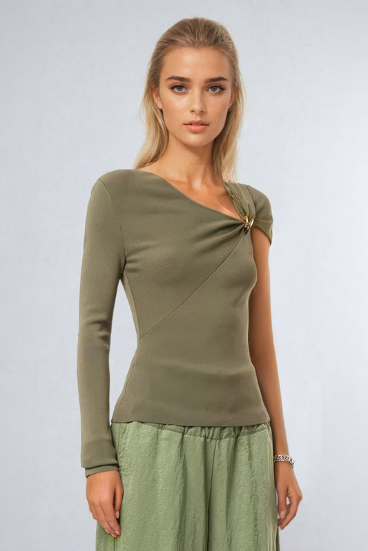 Asymmetrical One-Sleeve Fitted Top with Embellished Twist Detail - Green