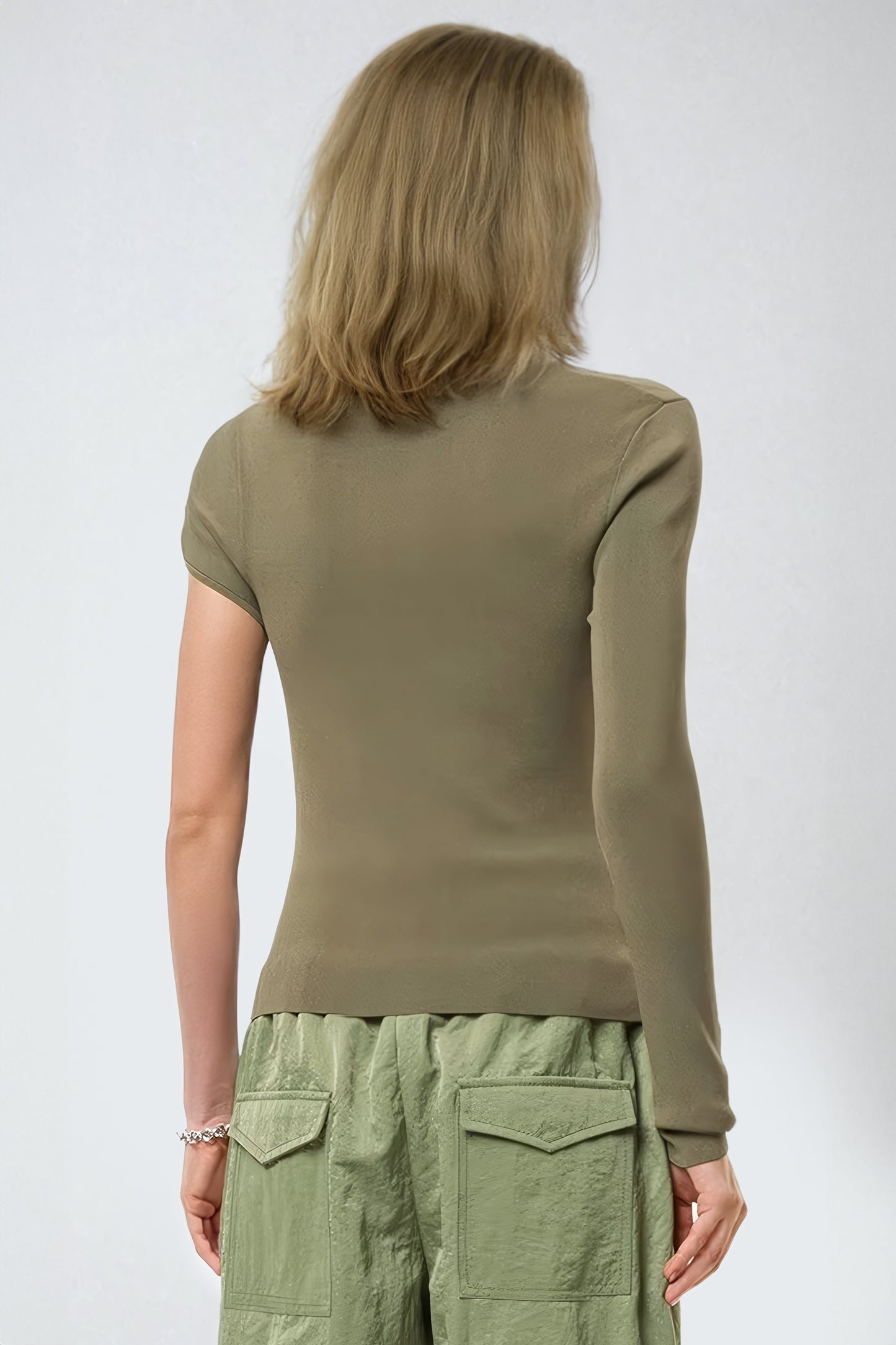 Asymmetrical One-Sleeve Fitted Top with Embellished Twist Detail - Green