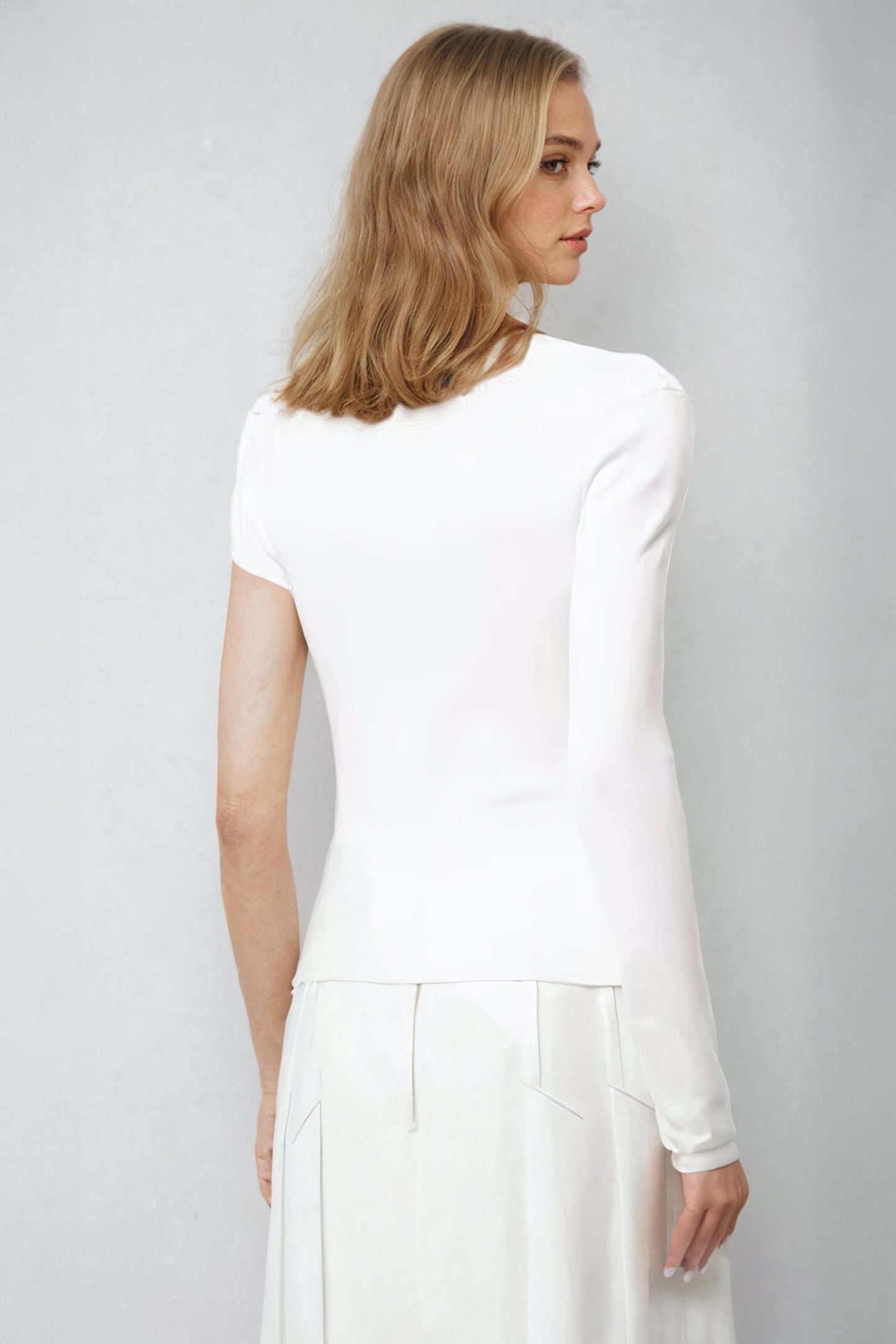 Asymmetrical One-Sleeve Fitted Top with Embellished Twist Detail - White