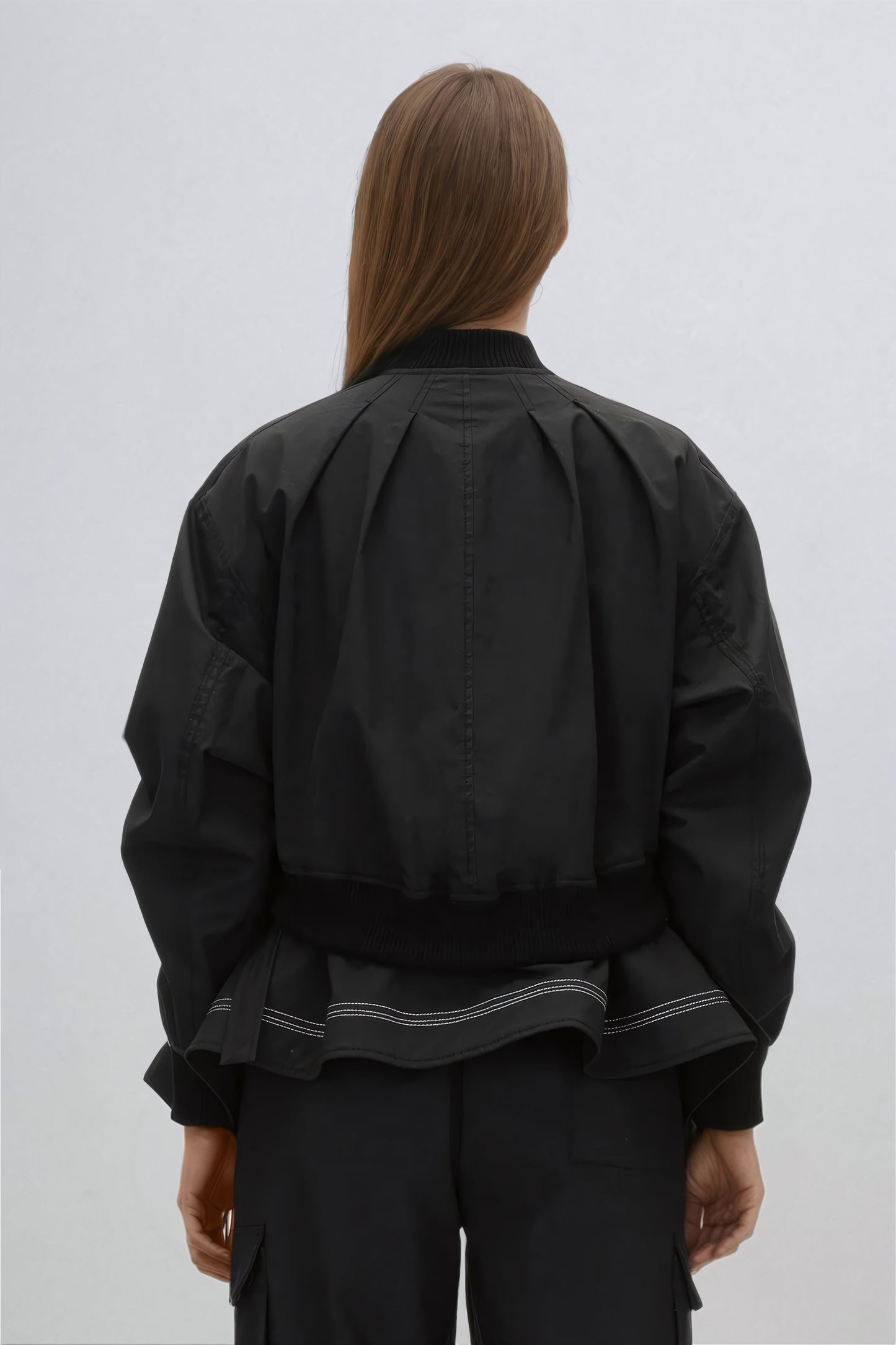 Layered Bomber Jacket with Ribbed Trim and Utility Details - Black