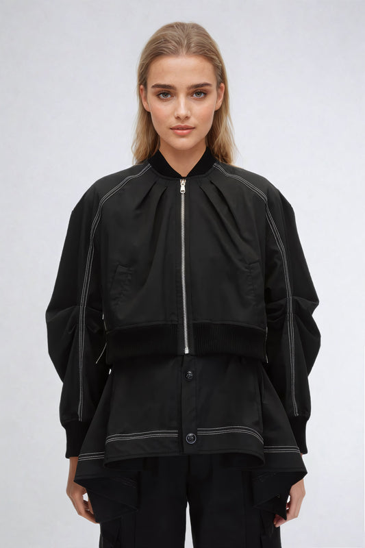 Layered Bomber Jacket with Ribbed Trim and Utility Details - Black