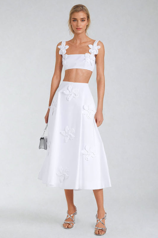 Two-Piece Set with 3D Floral Embellished Top and Midi Skirt - White