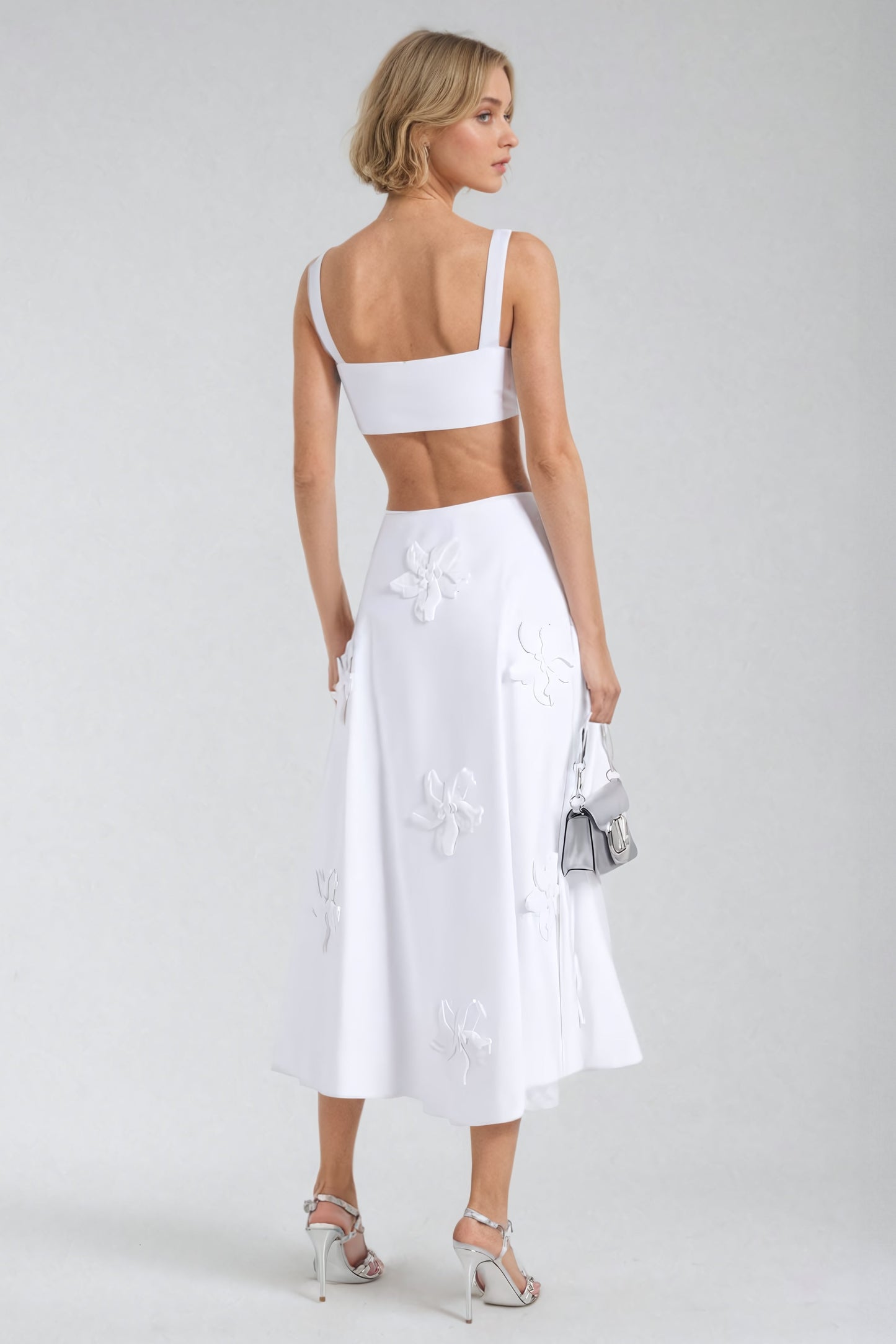 Two-Piece Set with 3D Floral Embellished Top and Midi Skirt - White