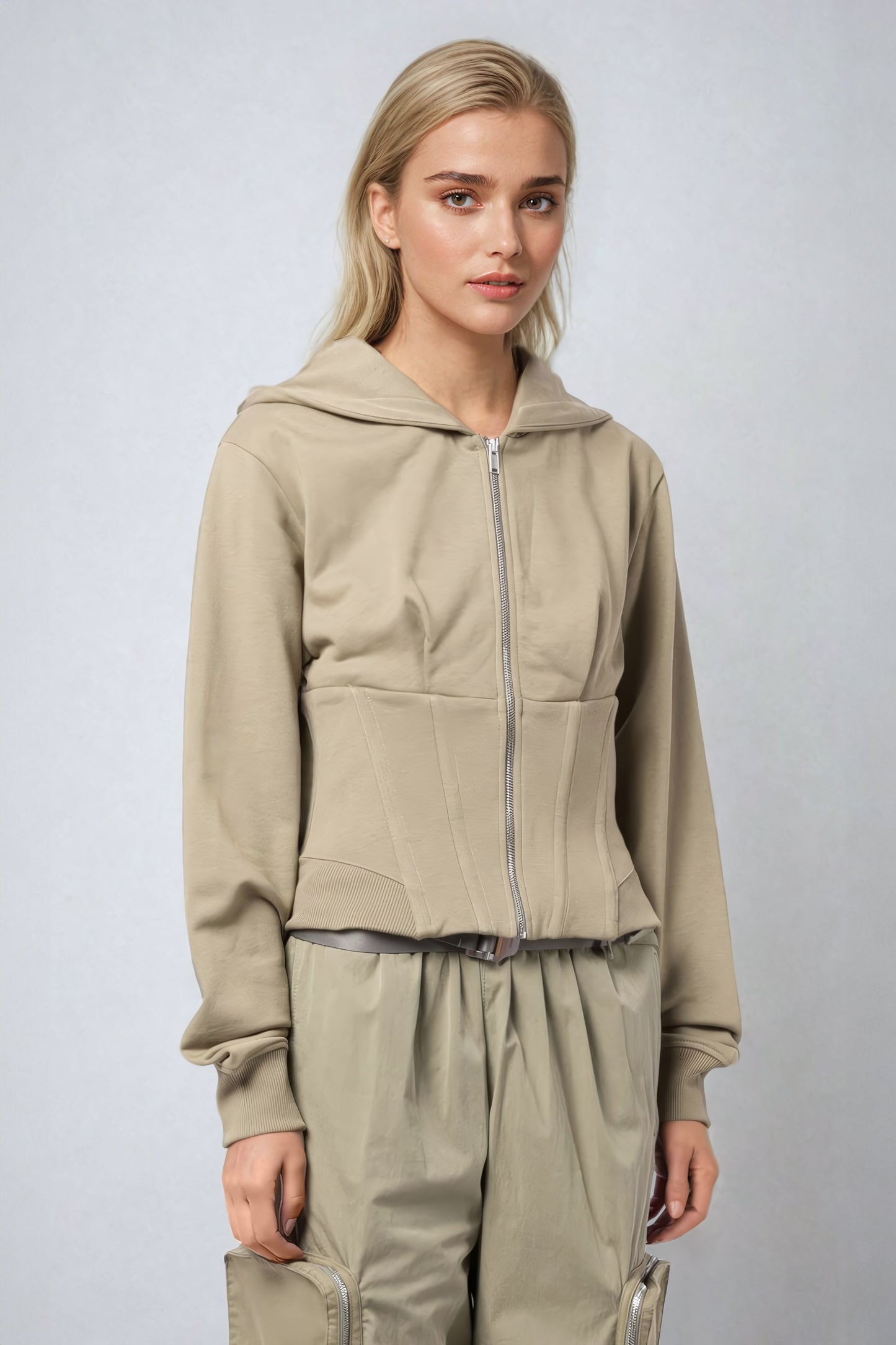 Off-Shoulder Hoodie-Style Jacket with Inner Tank Accent - Green