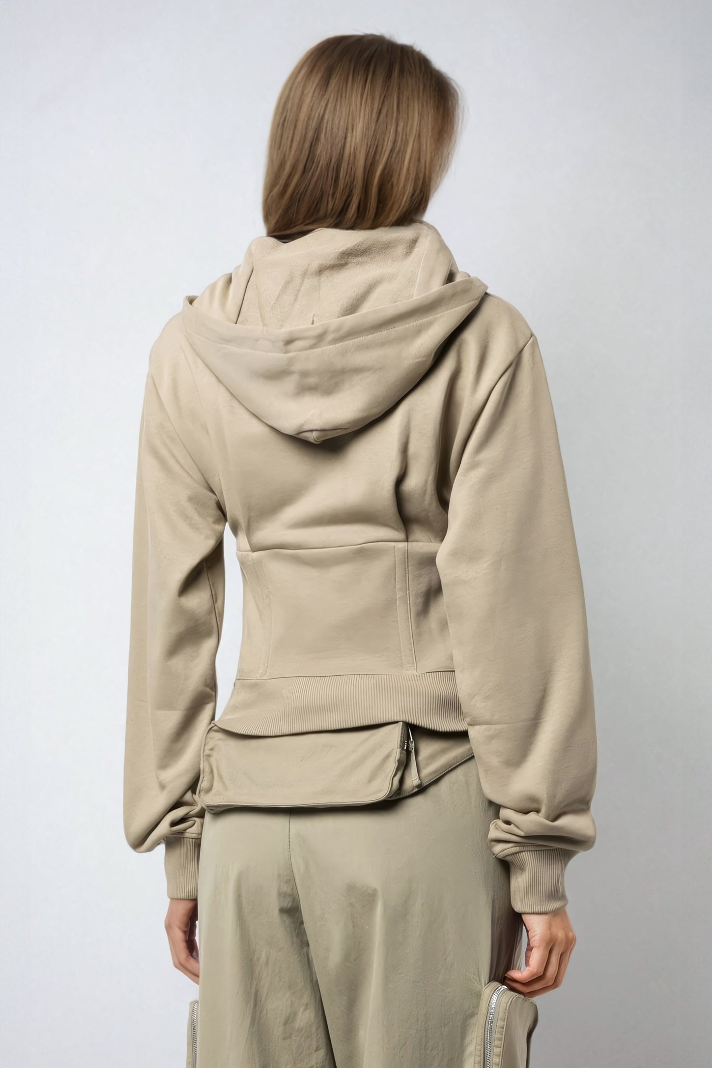 Off-Shoulder Hoodie-Style Jacket with Inner Tank Accent - Green
