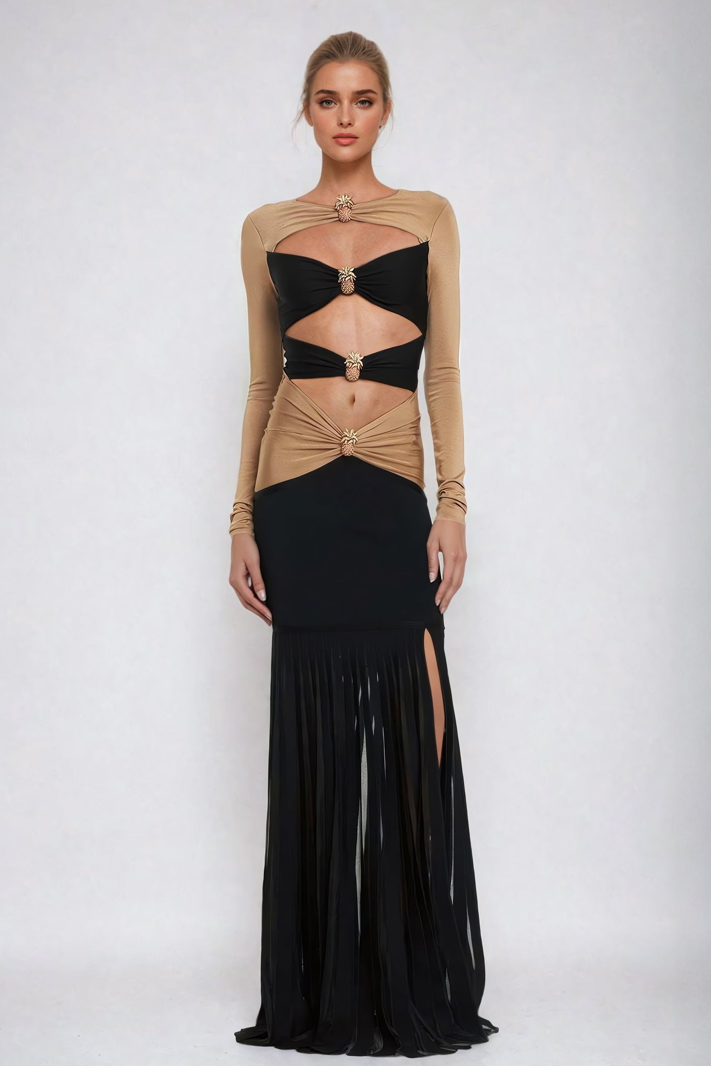 Cut-Out Long Sleeve Sheer Contrast Maxi Dress with Crystal Embellishments - Black