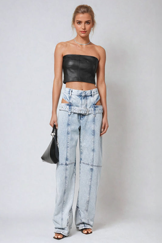 High-Waisted Cut-Out Detail Baggy Jeans with Belted Waistband - Blue