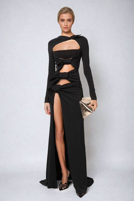 Cut-Out Knot-Detail Long Sleeves Maxi Dress - Black