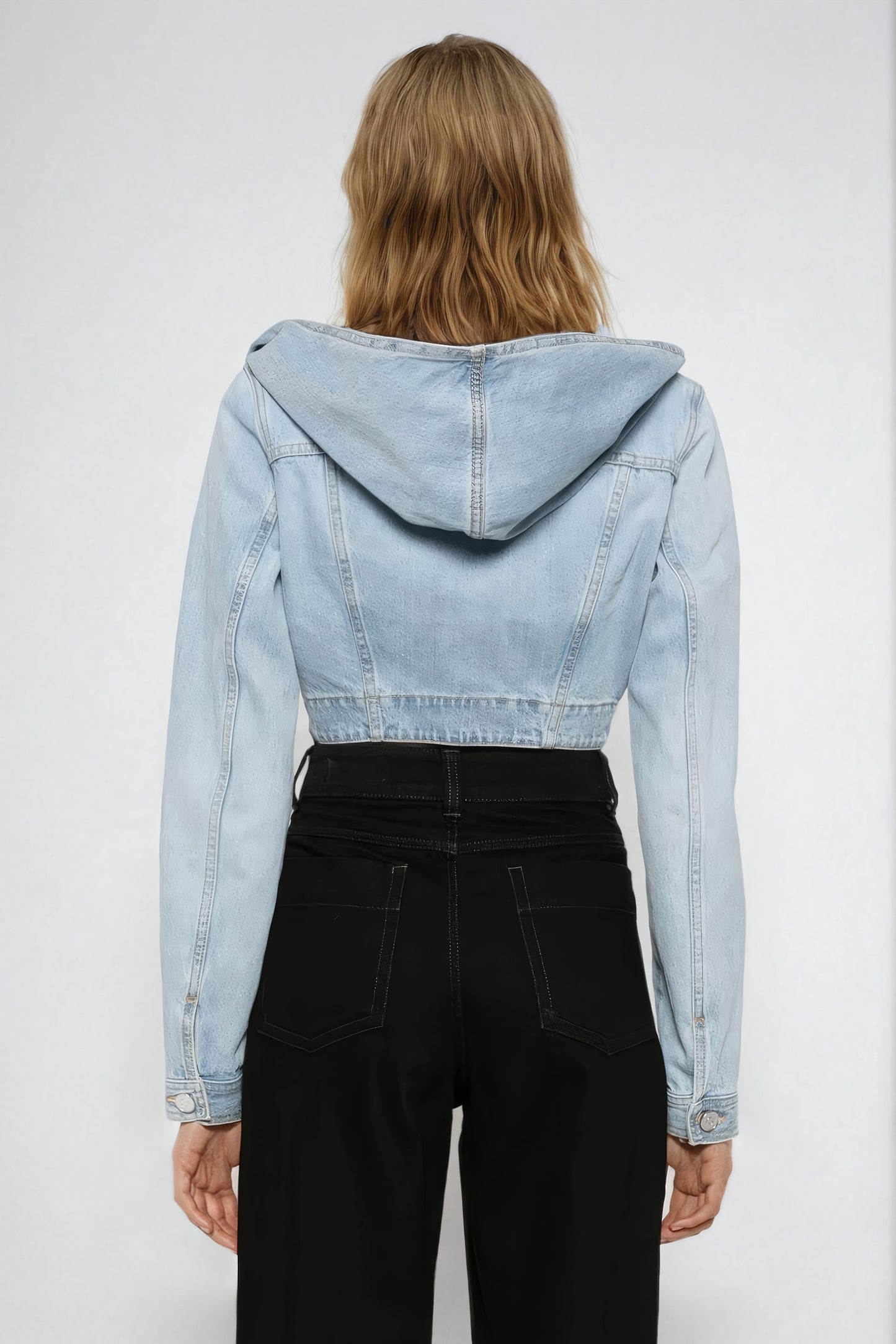 Cropped Denim Hoodie Jacket with Oversized Collar - Light Blue