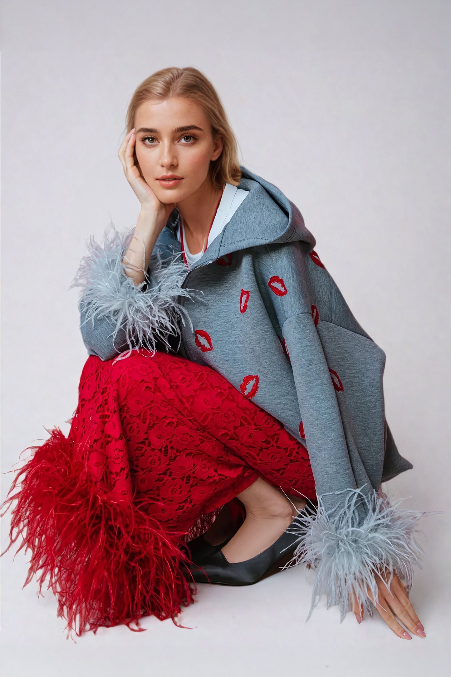 Oversized Embroidered Sweatshirt with Hood - Dark Gray