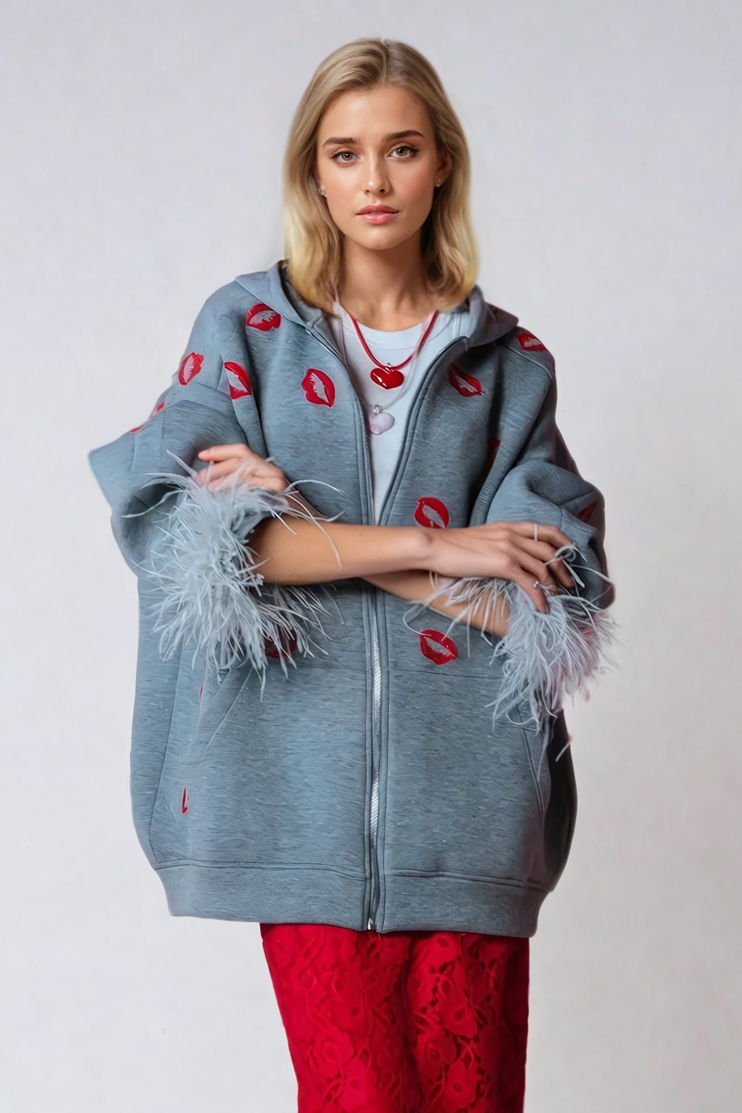 Oversized Embroidered Sweatshirt with Hood - Dark Gray