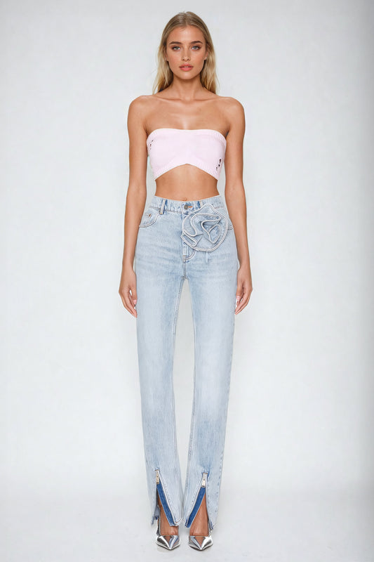 High-Waisted Heart-Detail Denim Jeans - Blue