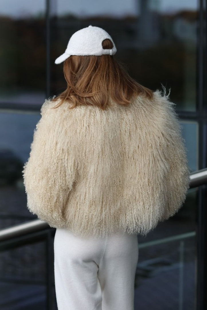 Natural Mongolian Sheepskin Coat with Lapels - Apricot