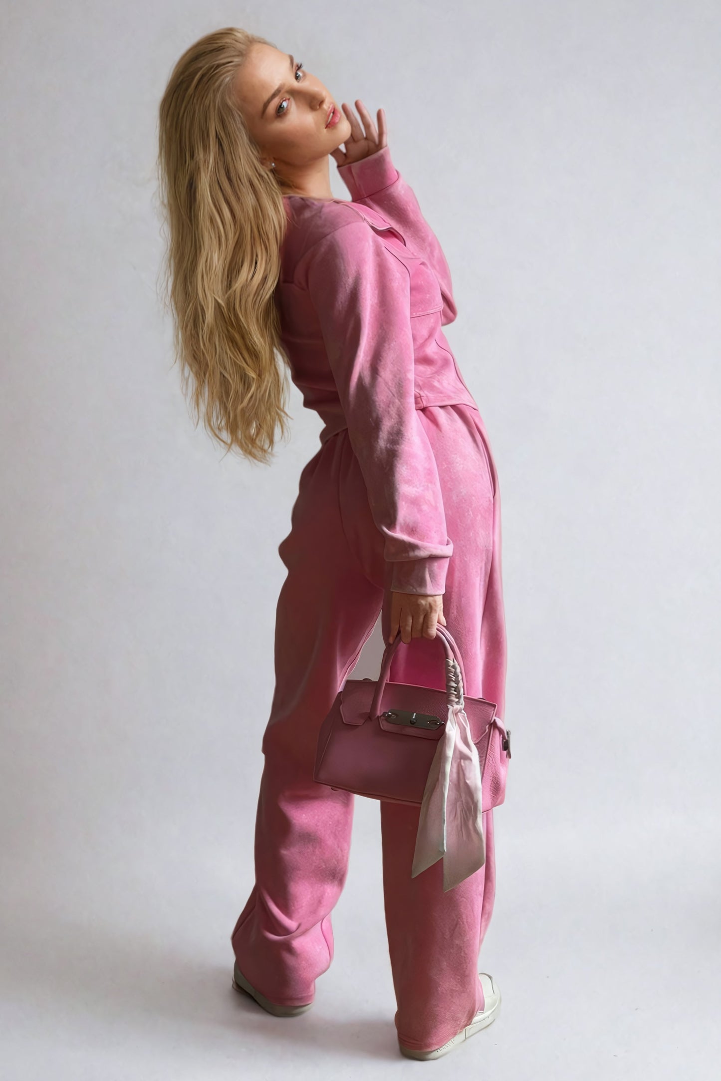 Cropped Zip-Up Jacket and Wide-Leg Trousers Two-Piece Set - Pink