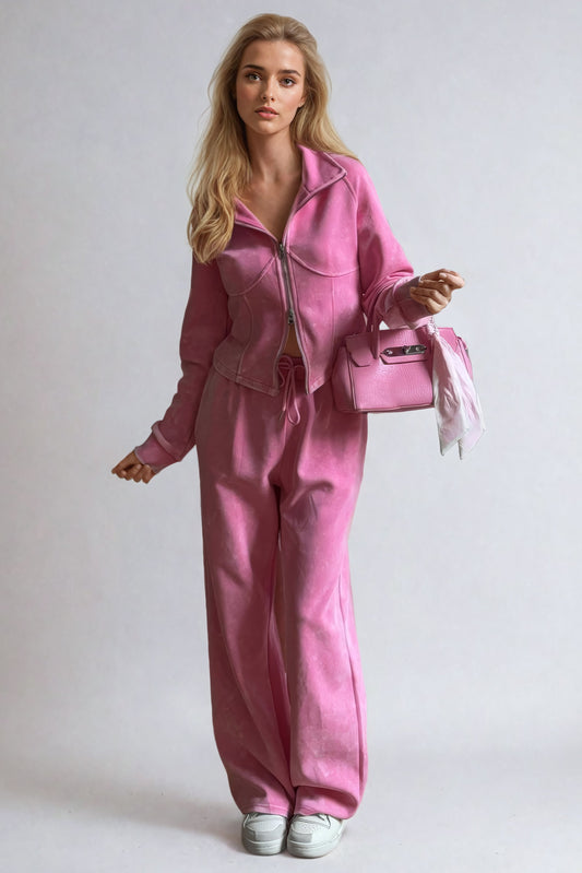 Cropped Zip-Up Jacket and Wide-Leg Trousers Two-Piece Set - Pink